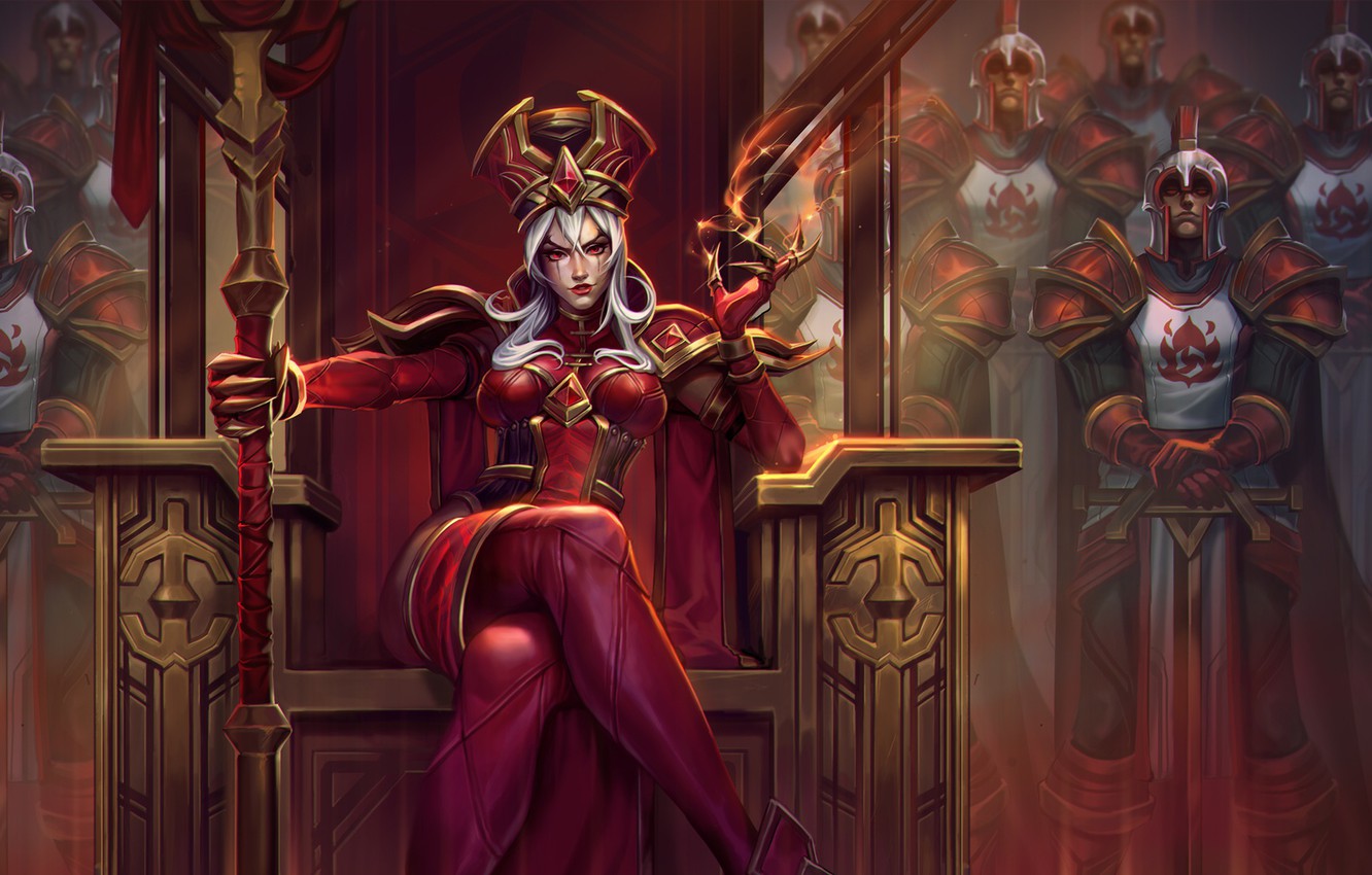 Wallpaper girl, sword, World of Warcraft, fantasy, game, Warcraft, soldiers, armor, crown, red eyes, weapons, queen, digital art, artwork, pearls, white hair image for desktop, section игры