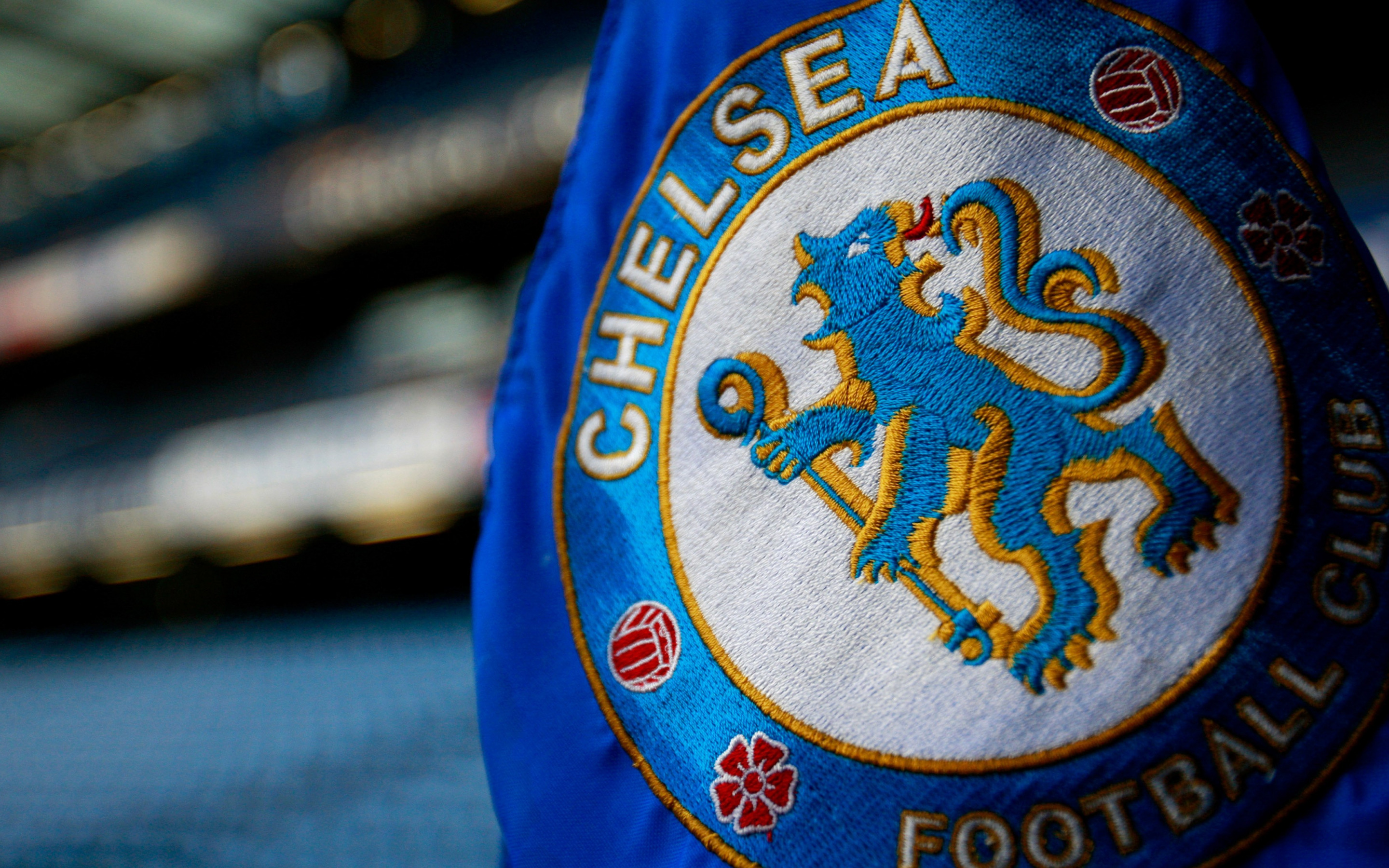 Download wallpaper Chelsea FC, logo on the flag, football stadium, Stamford Bridge, London, England, Chelsea logo, Premier League for desktop with resolution 2880x1800. High Quality HD picture wallpaper