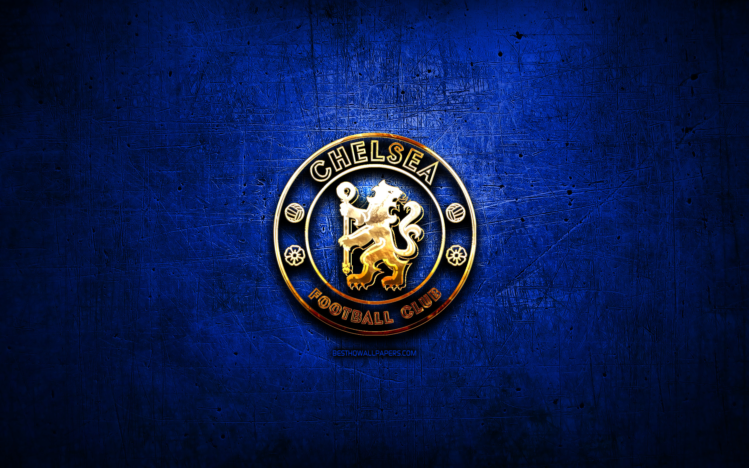 Download wallpaper Chelsea FC, golden logo, Premier League, blue abstract background, soccer, english football club, Chelsea logo, football, Chelsea, England for desktop with resolution 2560x1600. High Quality HD picture wallpaper