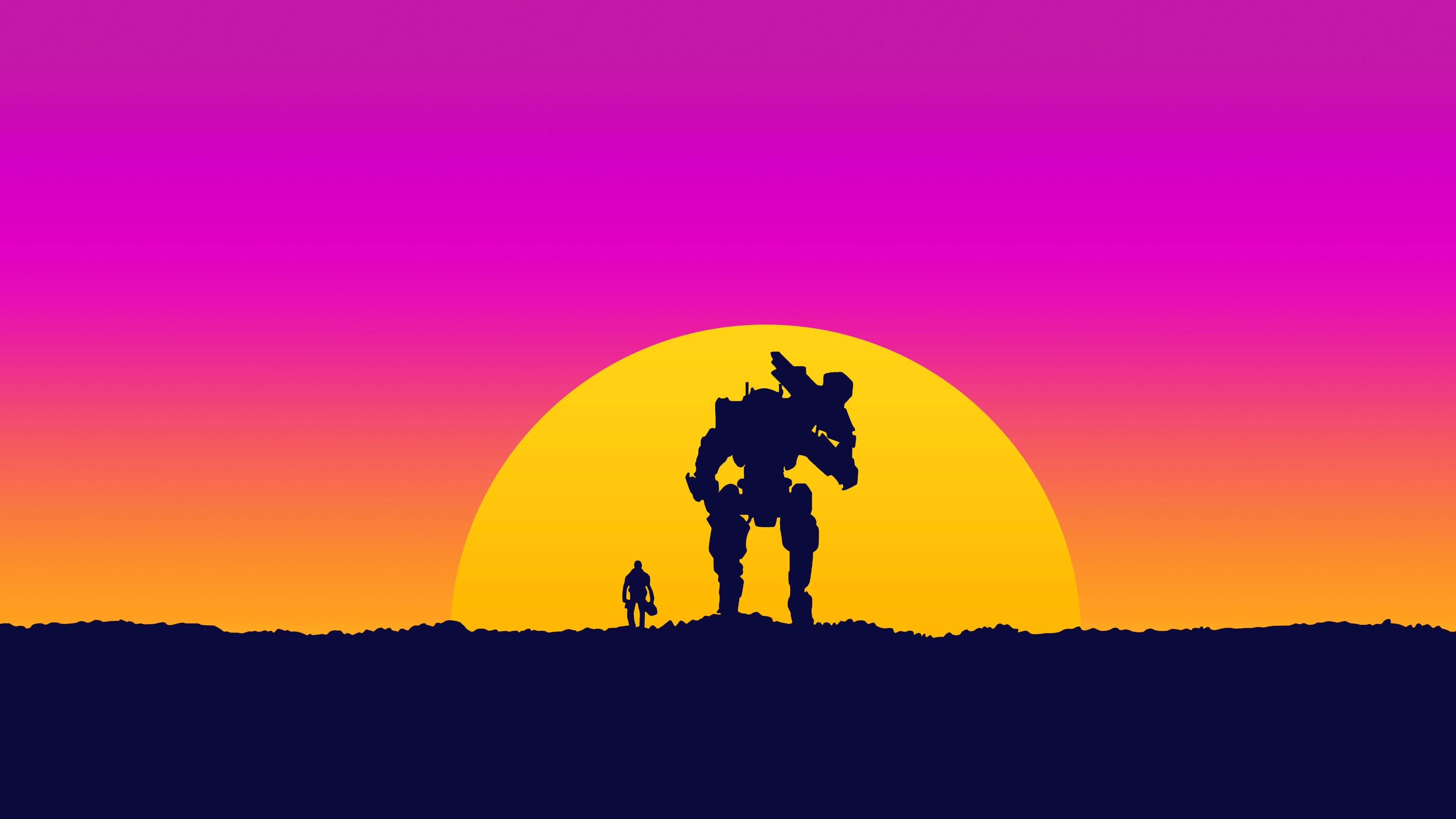 Download Man And Robot Gaming On Sunset Wallpaper