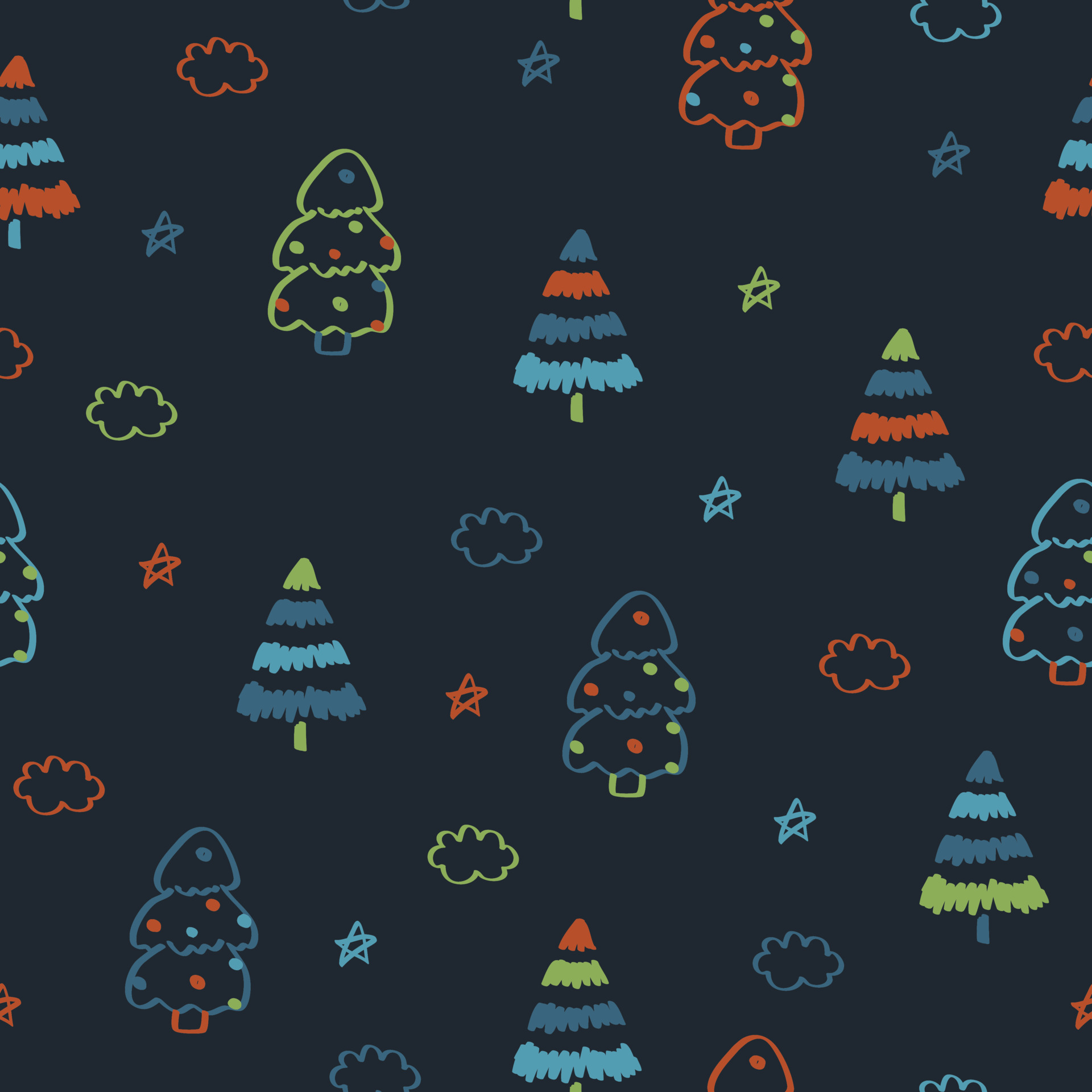 Black seamless pattern with green blue orange Christmas tree lines and doodle clouds stars. Winter texture, textiles, children wallpaper