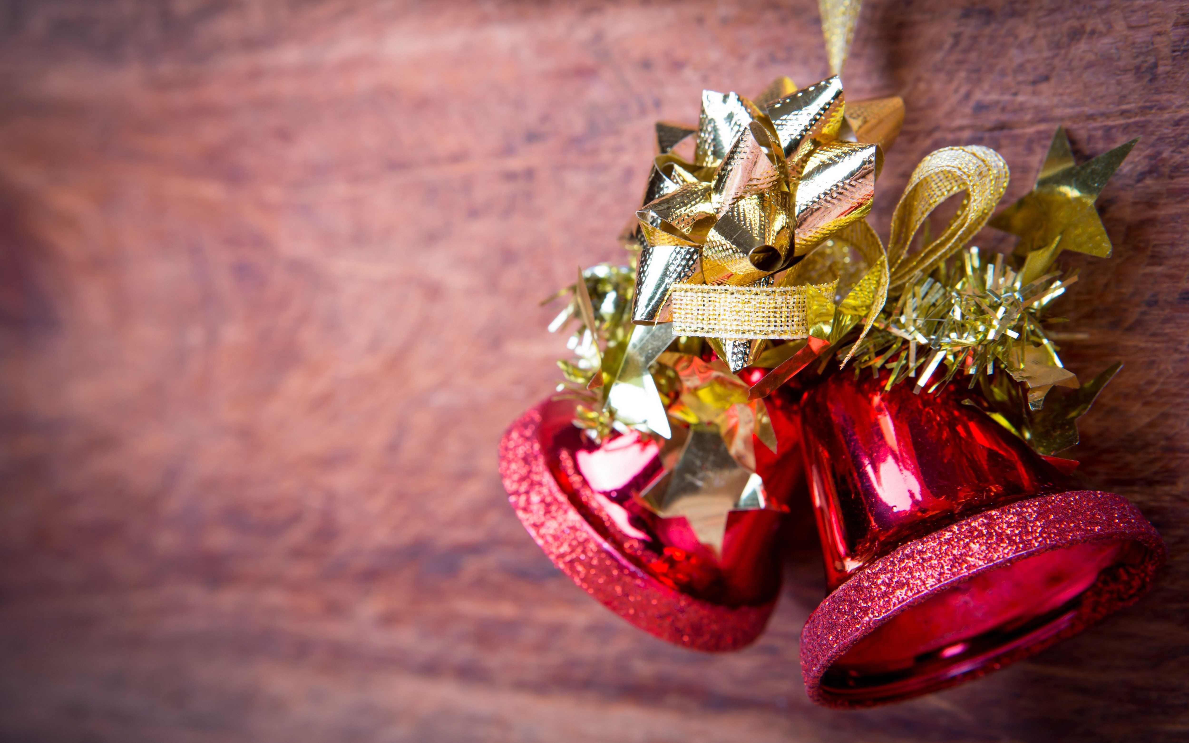 4K, 5K, Holidays, Christmas, Closeup, Bowknot, Bells Gallery HD Wallpaper