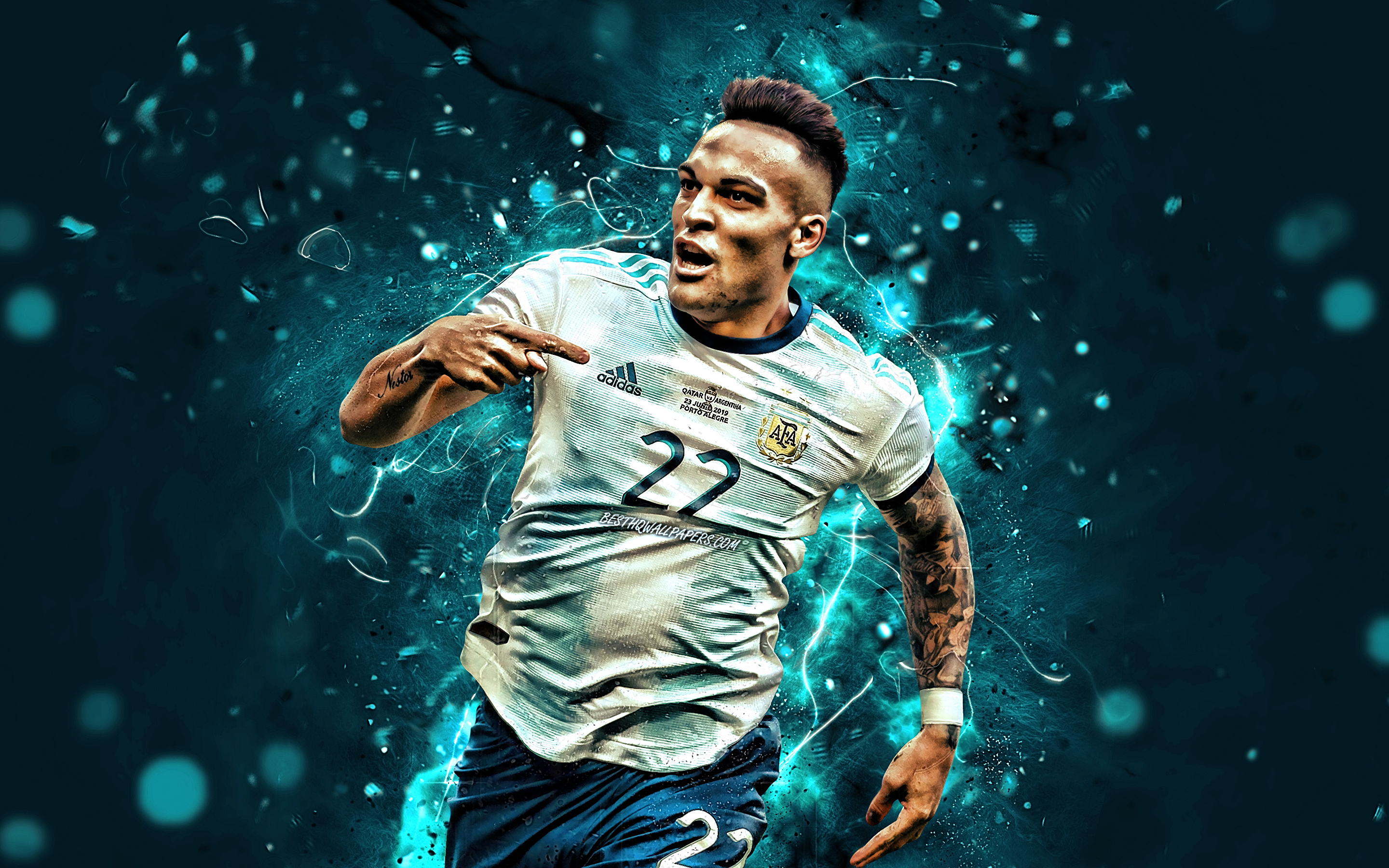 Download wallpaper Lautaro Martinez, goal, Argentina National Team, joy, Lautaro Javier Martinez, football stars, soccer, footballers, 2019 Copa America, neon lights, Argentinean football team for desktop with resolution 2880x1800. High Quality HD