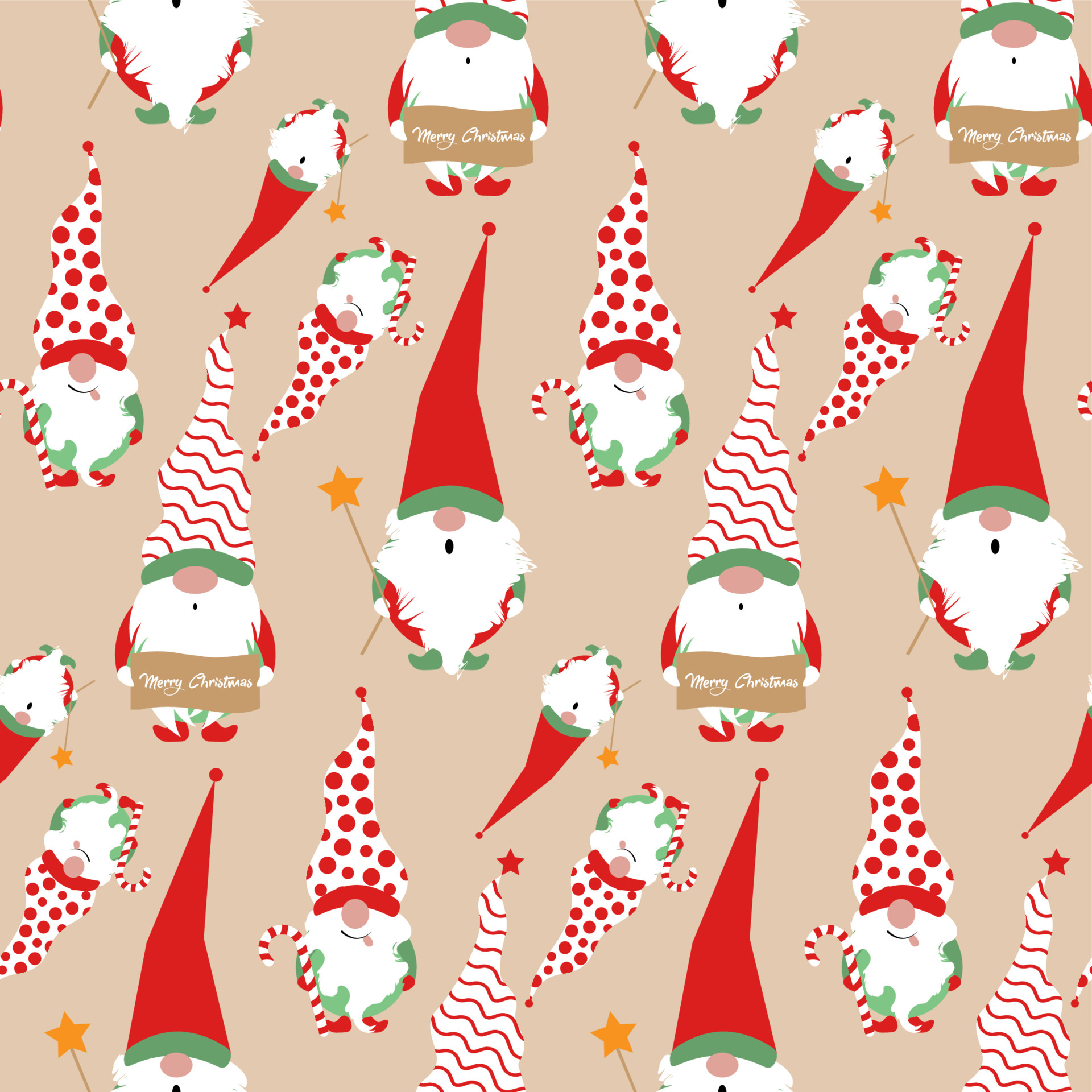 Seamless print set of Christmas Gnome, Scandinavian Nordic Gnome, Cute Christmas Santa Gnome Elf. Vector Illustration isolated on beige background. Xmas elements for paper design