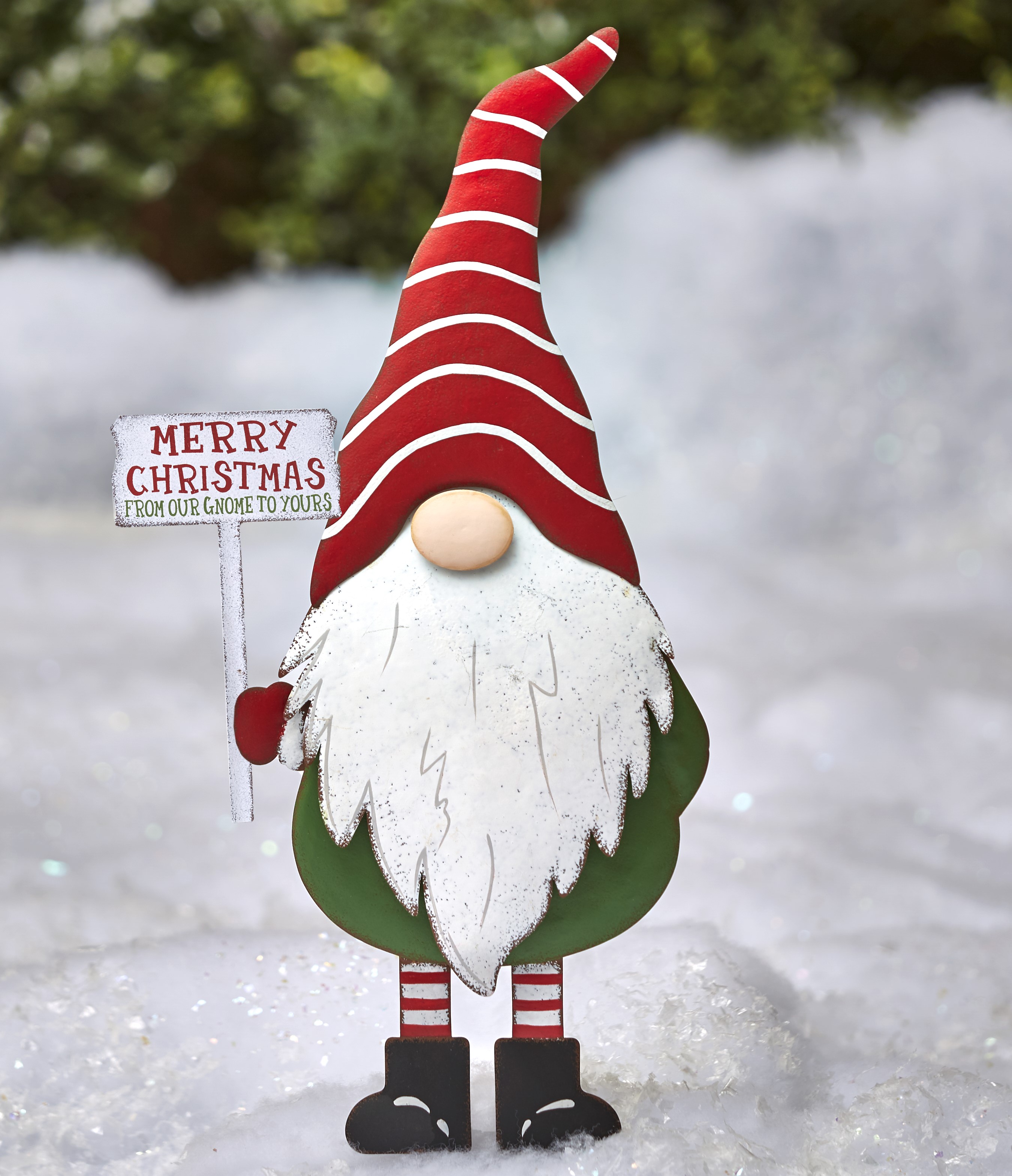 Metal Holiday Stake Garden Gnome with Christmas Icon Stripe Hat