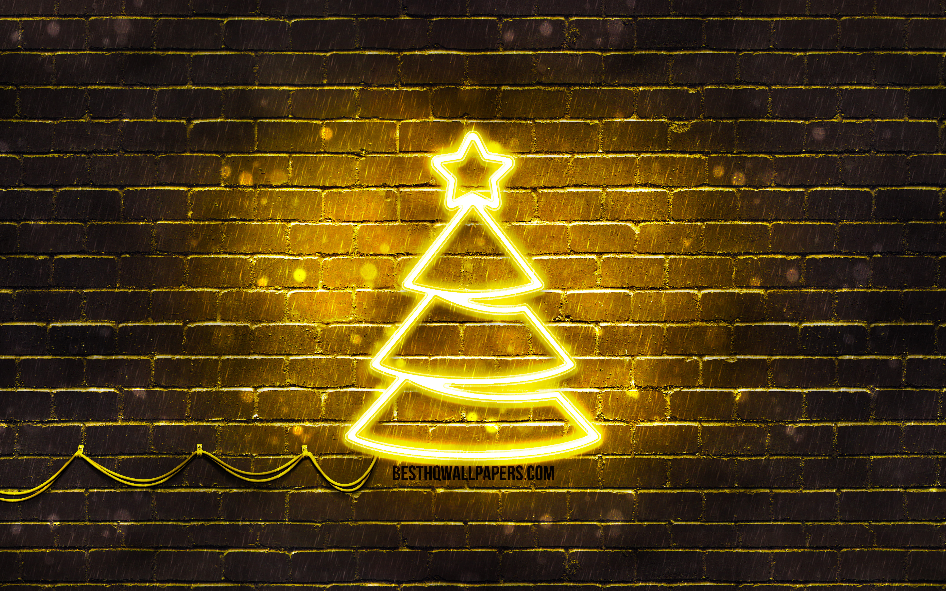 Download wallpaper Yellow neon Christmas Tree, 4k, yellow brickwall, Happy New Years Concept, Yellow Christmas Tree, Xmas Trees, Christmas Trees for desktop with resolution 3840x2400. High Quality HD picture wallpaper