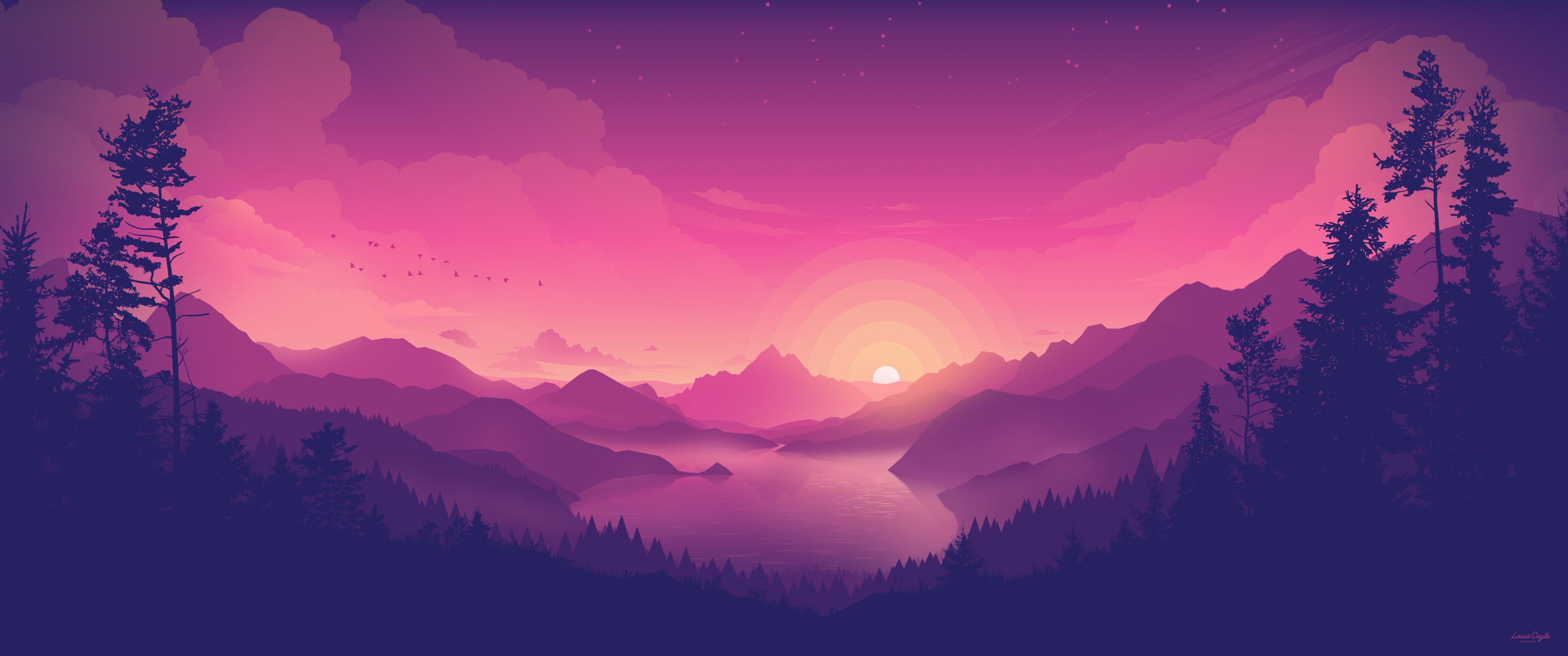 Lakeside Wallpaper 4K, Aesthetic, Pink sky, Sunset