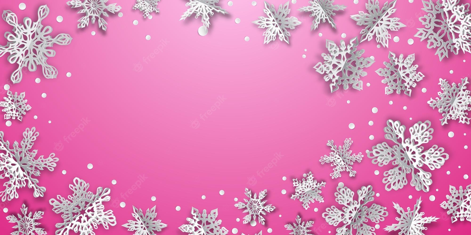Premium Vector. Christmas background with volume paper snowflakes with soft shadows on pink background