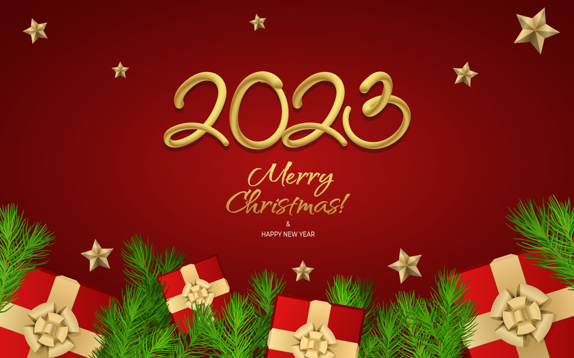 Happy new year 2023 greeting vector. Merry Christmas design greeting text with colorful Christmas decor elements such as a gift, fir tree branch, stars on a red background with luxury gold