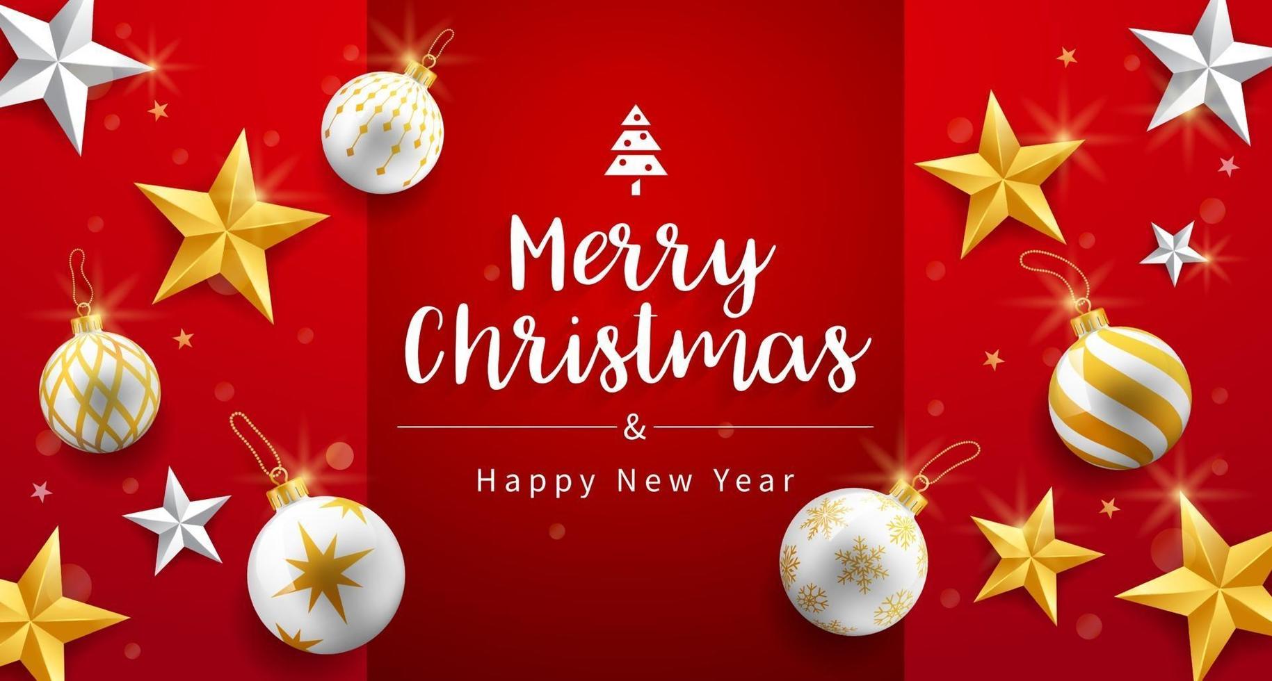 Merry christmas and happy new year card with gold, silver star and christmas ornaments bubbles background. Vector illustrations
