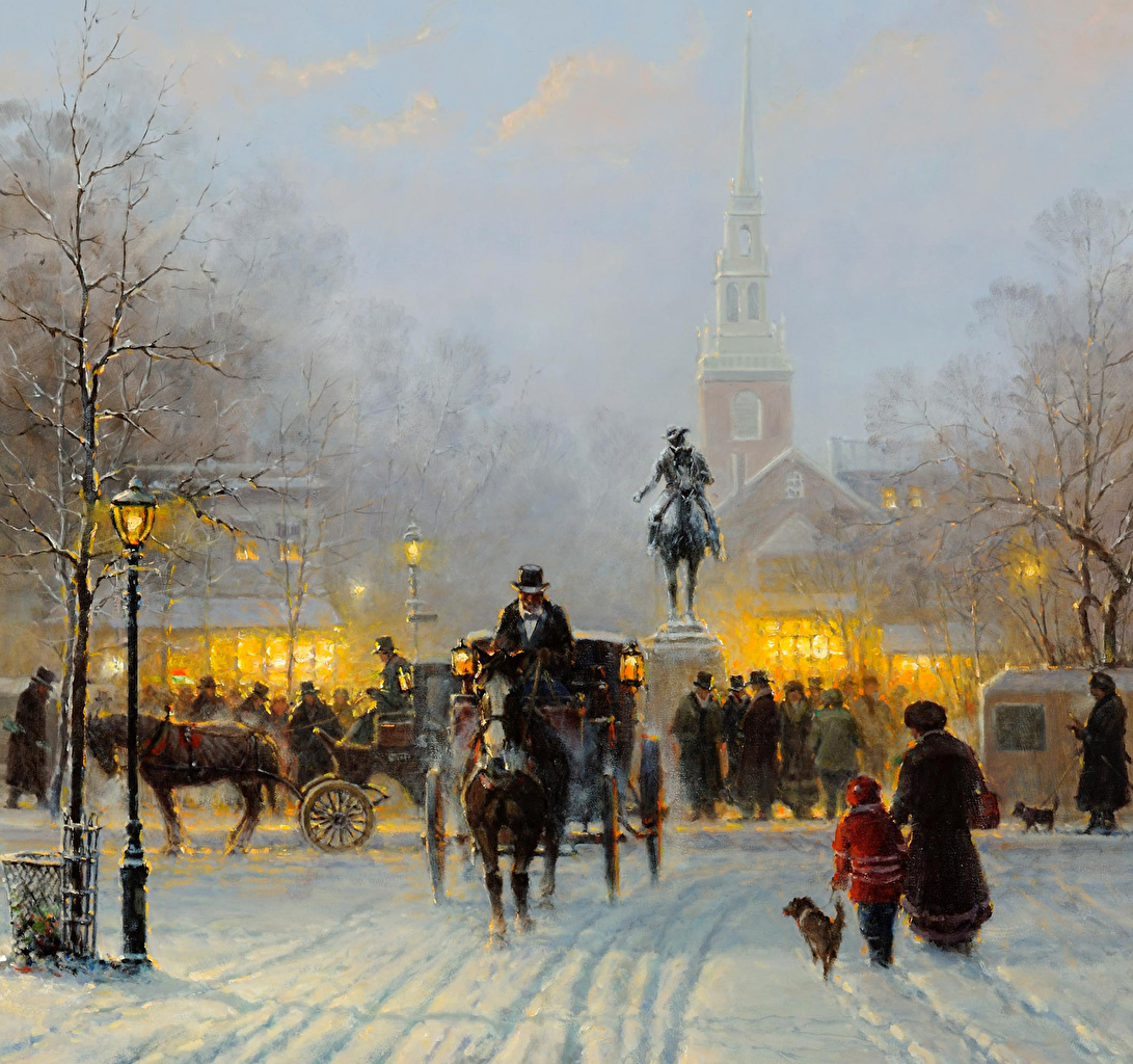Desktop Wallpaper horse USA Harvey G, Winter Evening In Old Boston