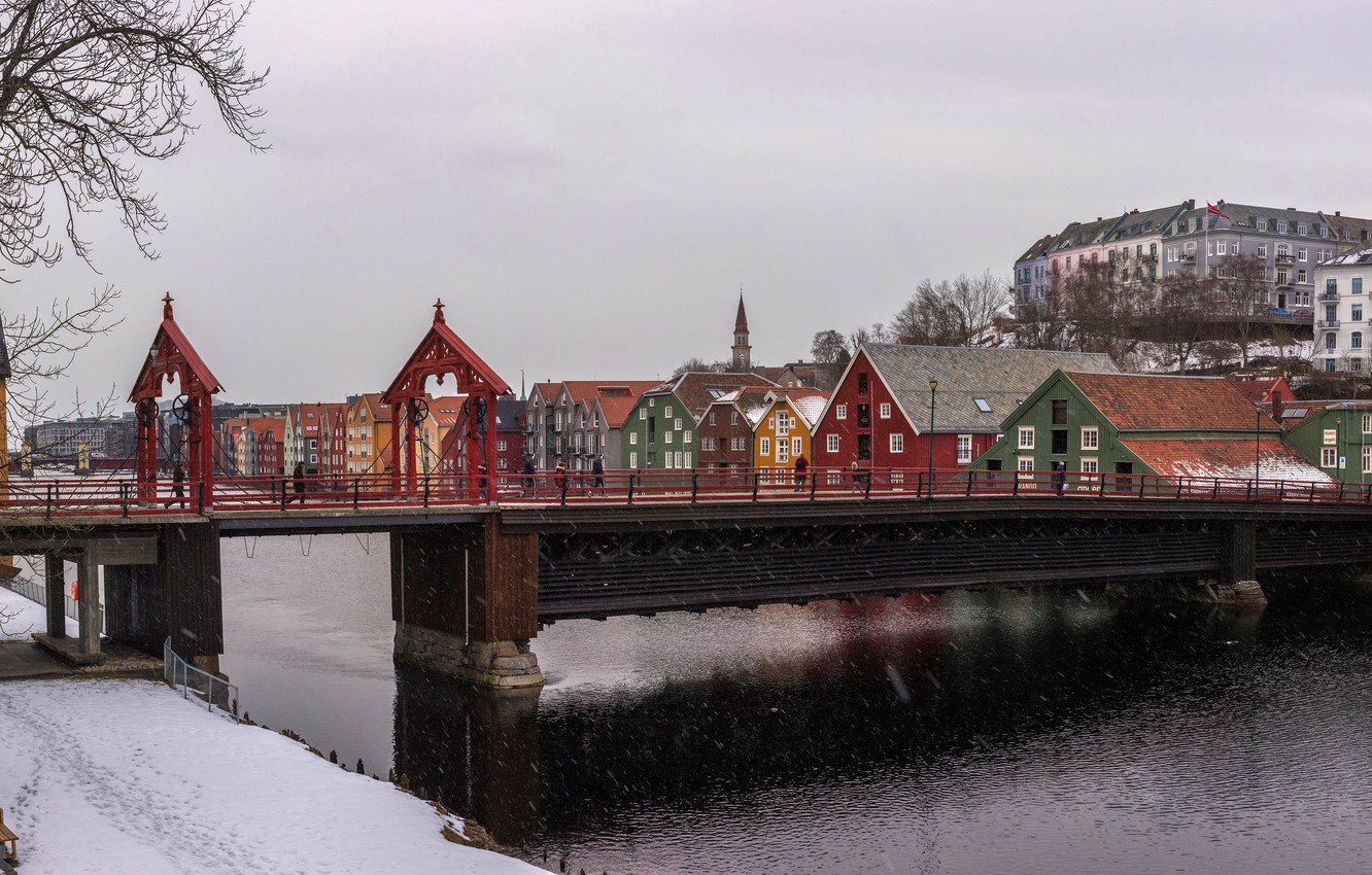 Wallpaper winter, snow, trees, bridge, river, home, Norway, promenade, Trondheim image for desktop, section город