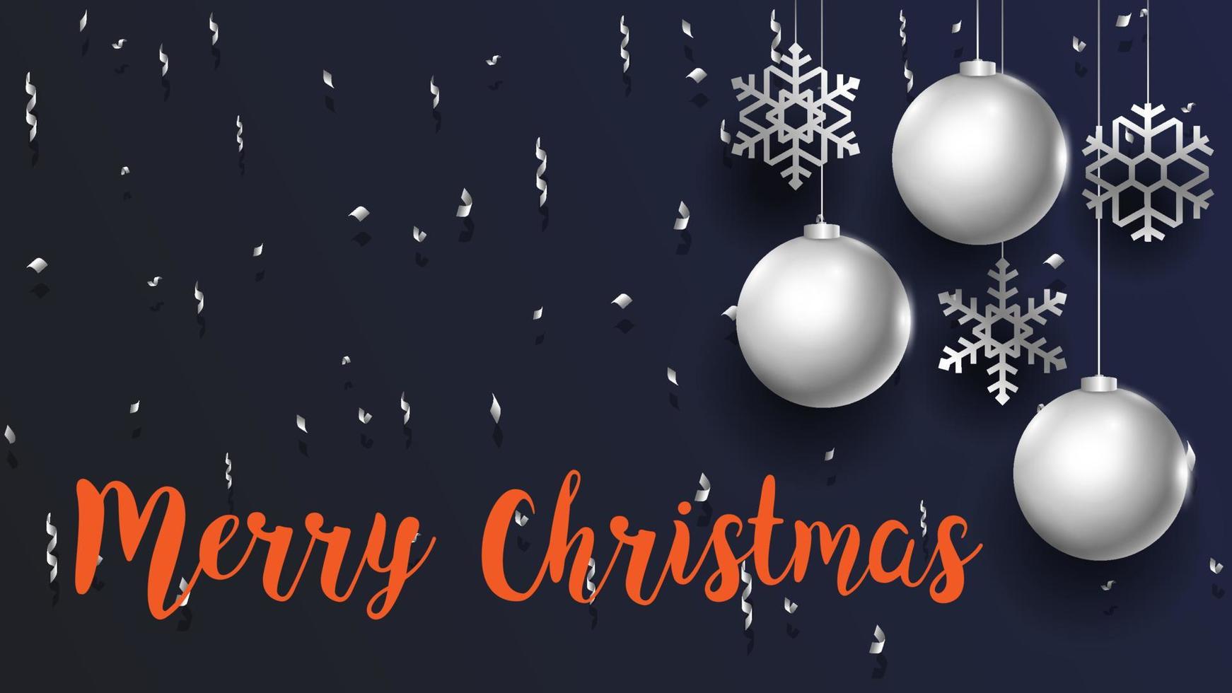 Merry christmas celebration poster with silver glass balls and snowflakes