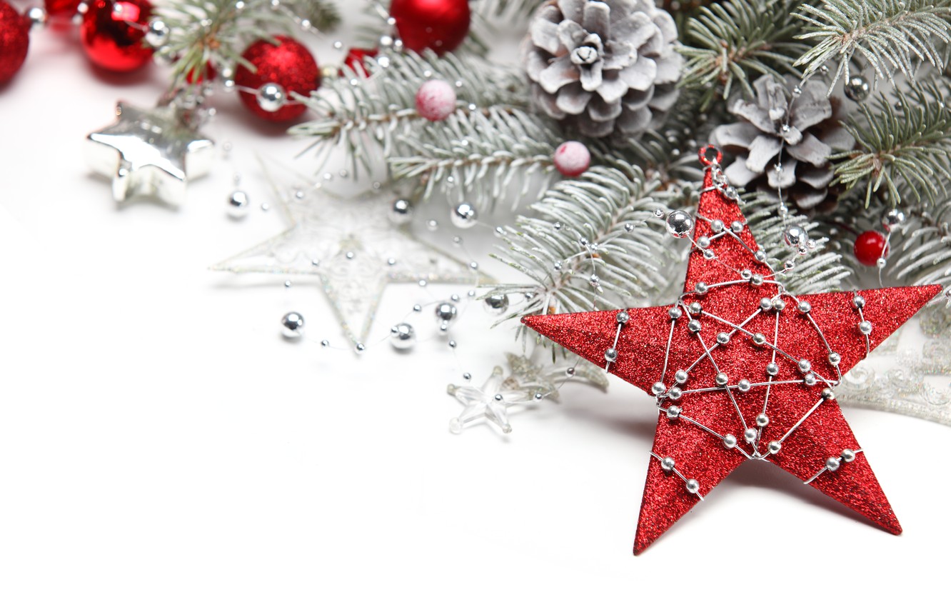 Wallpaper toys, star, tree, spruce, branch, New Year, Christmas, decoration, Christmas, red, New Year, silver image for desktop, section новый год