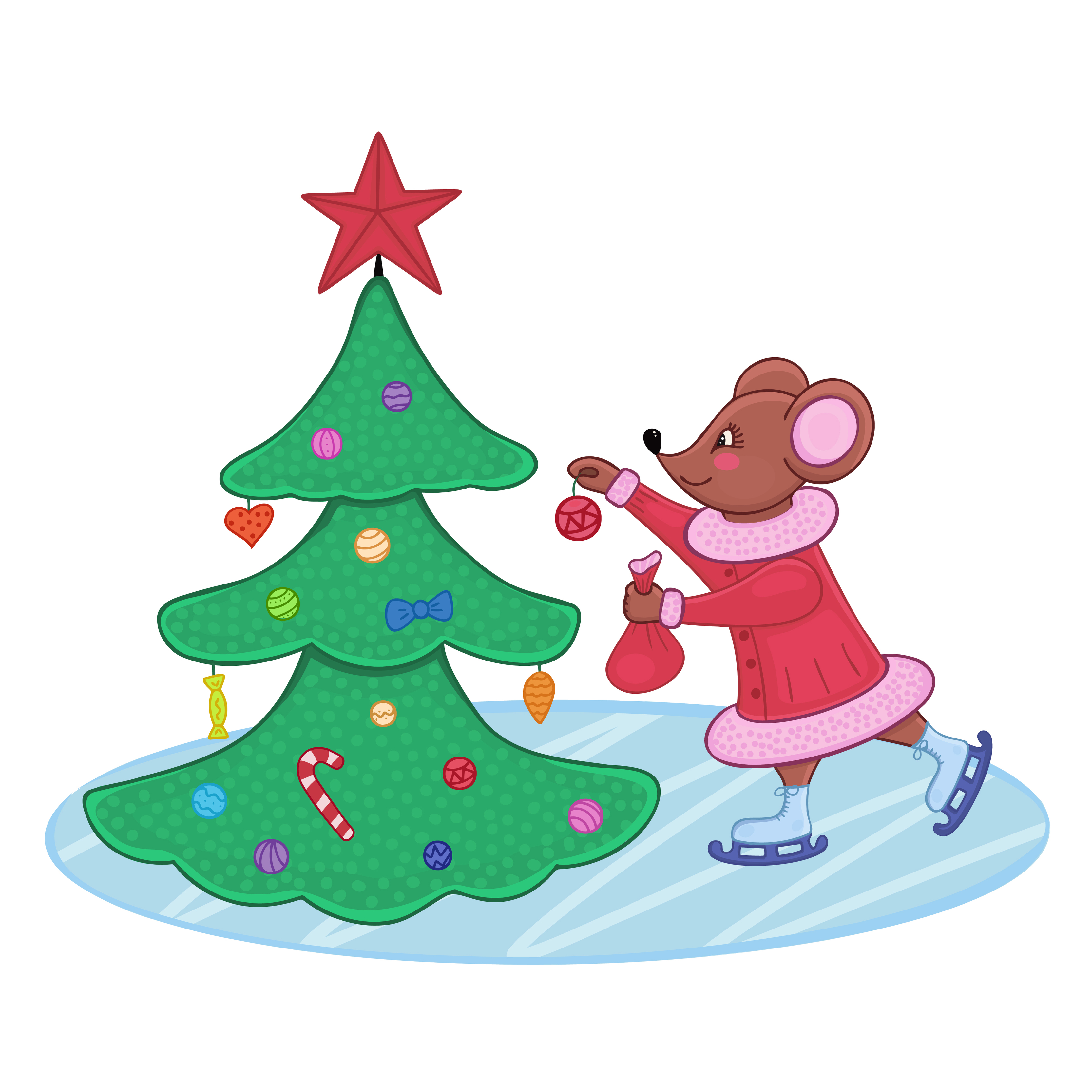 Christmas tree and mouse. New year illustration for background, icon web, mobil design, wallpaper, covers, packaging, posters, stickers, textile seasonal design Isolated on white background