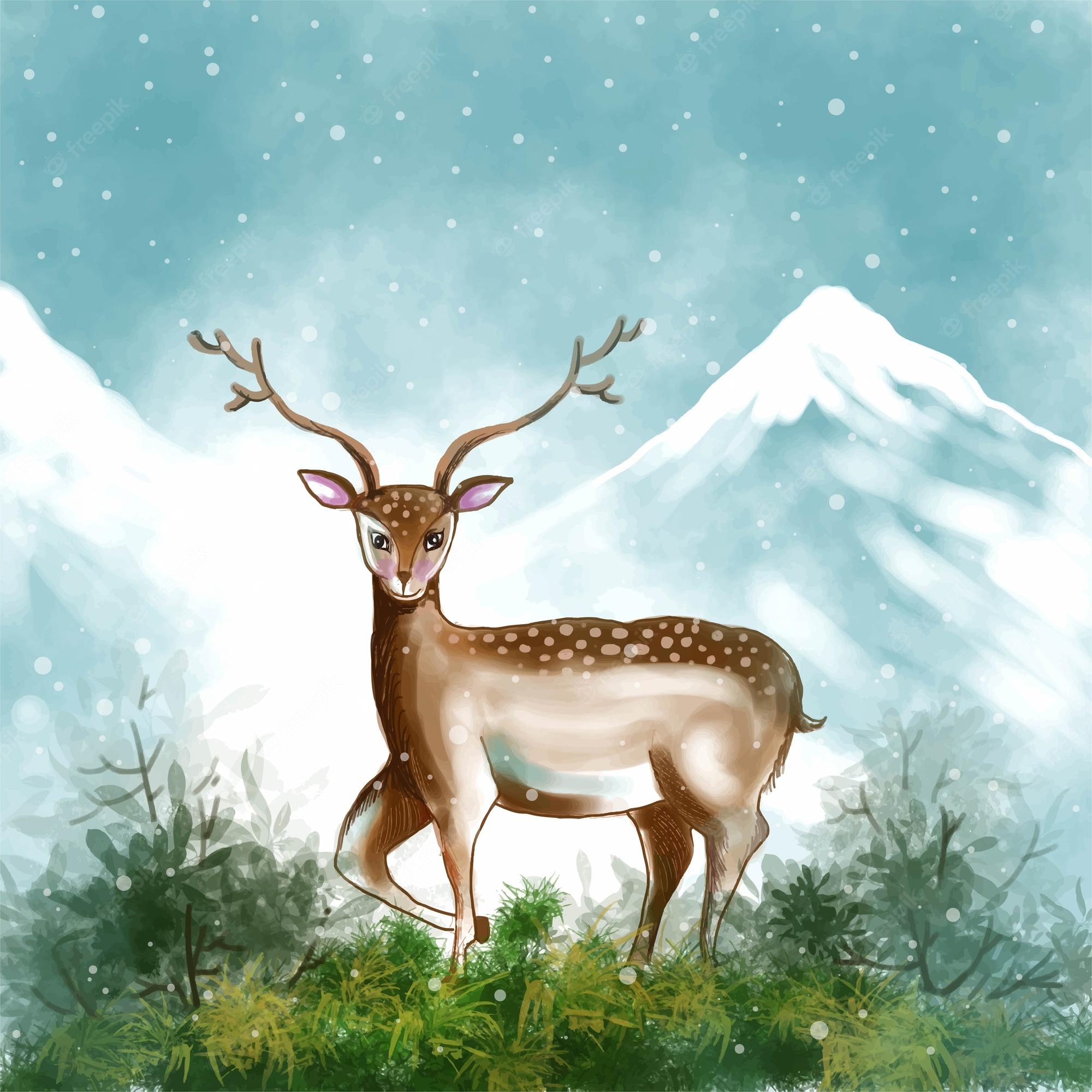 Free Vector. Beautiful christmas landscape in winter with christmas deer card background