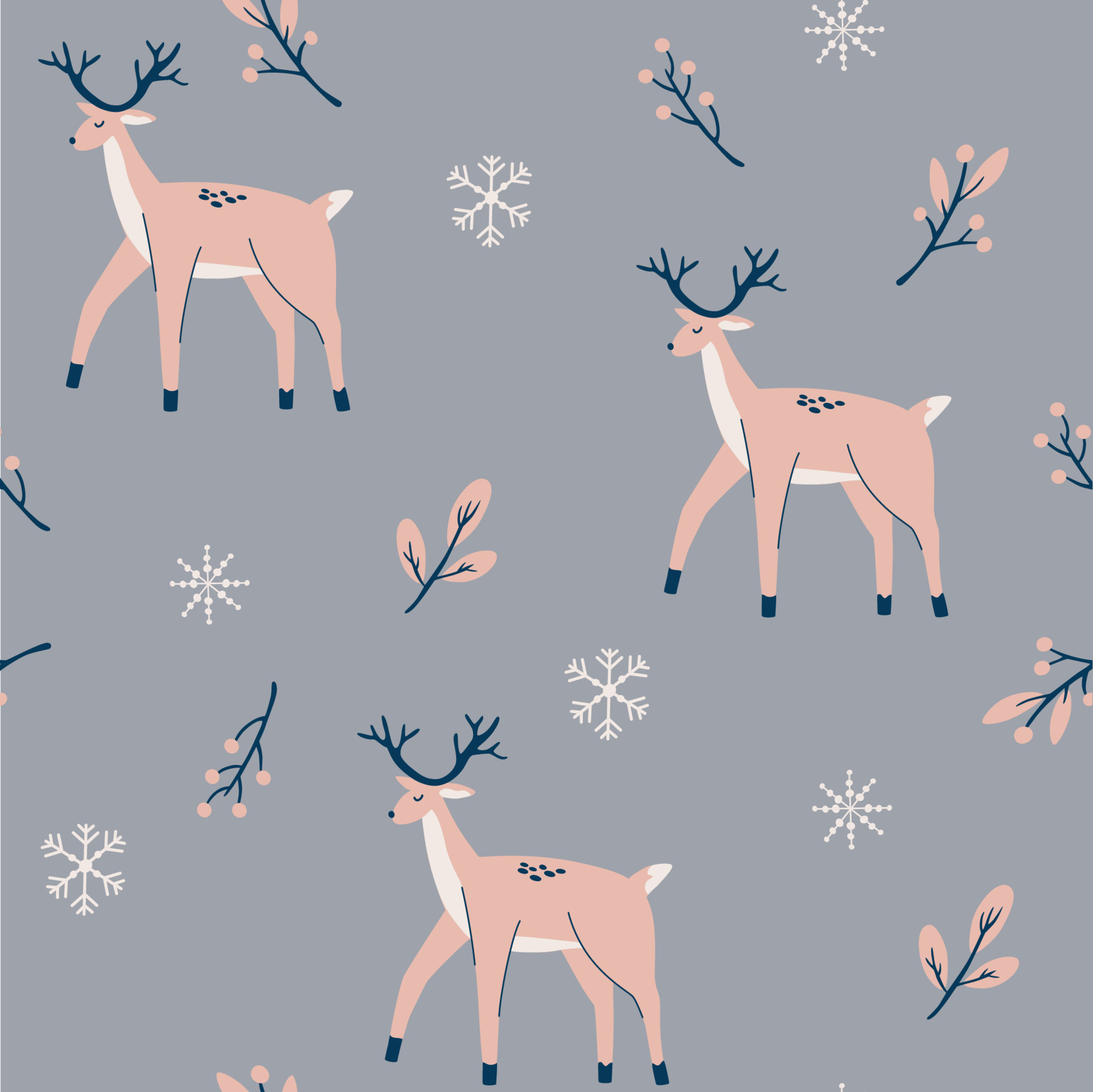 Deer seamless pattern. Christmas background with twigs berries snowflakes and deer. Perfect for textile, wallpaper or print design. Hand Draw Vector illustration