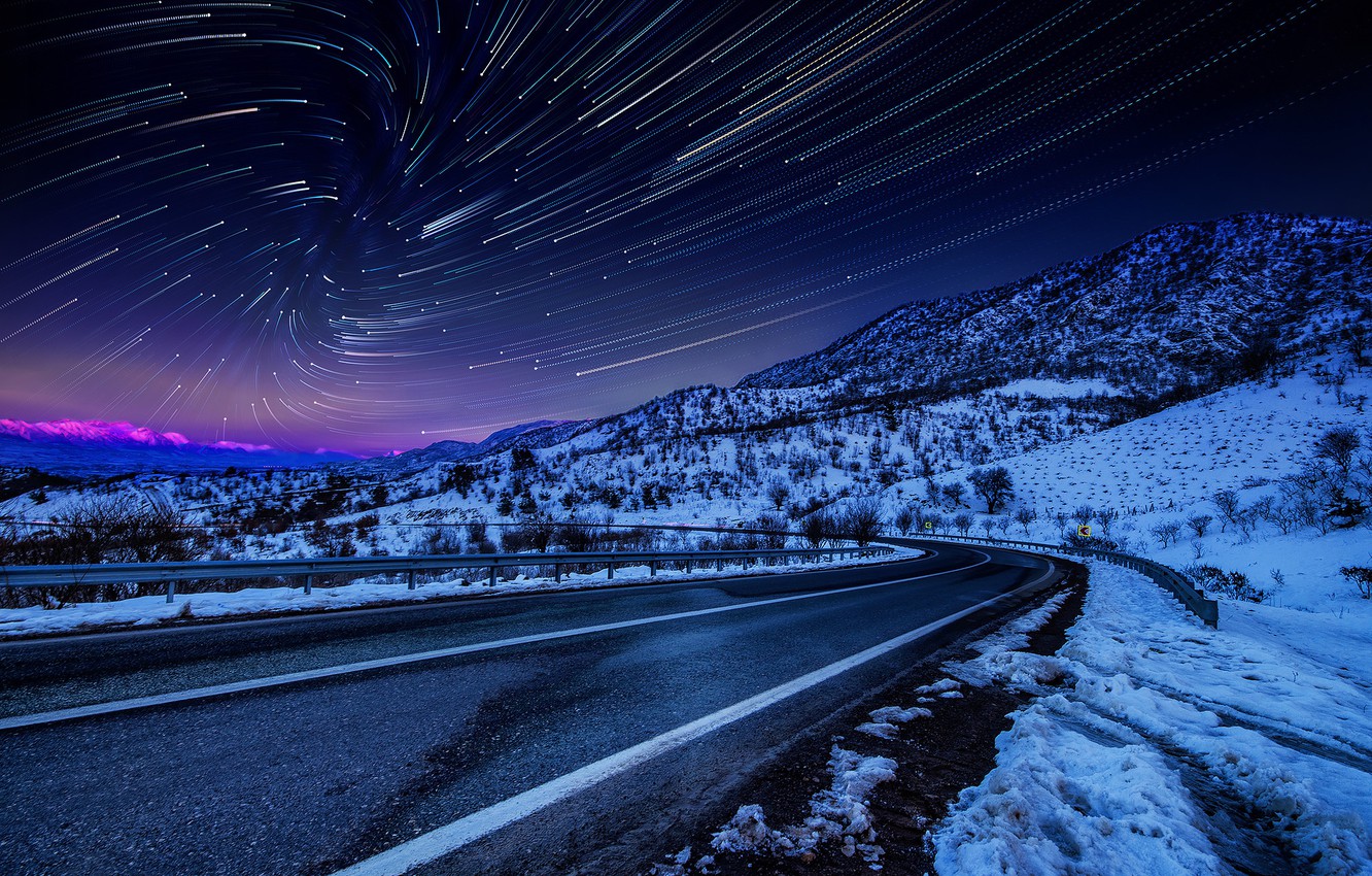 Wallpaper winter, the sky, stars, snow, landscape, mountains, night, nature, Road image for desktop, section пейзажи