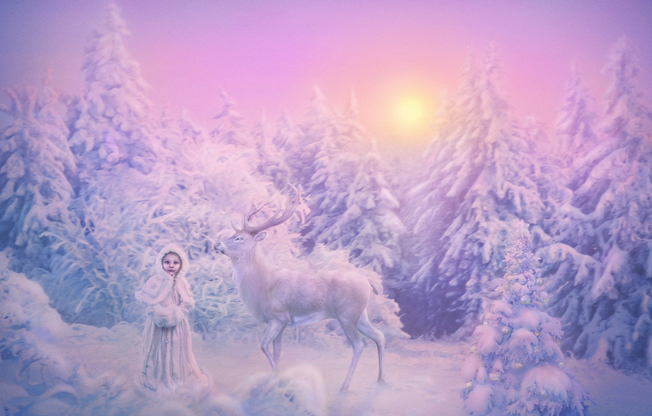 Wallpaper winter, forest, the sun, snow, toys, spruce, deer, frost, girl, Christmas image for desktop, section новый год