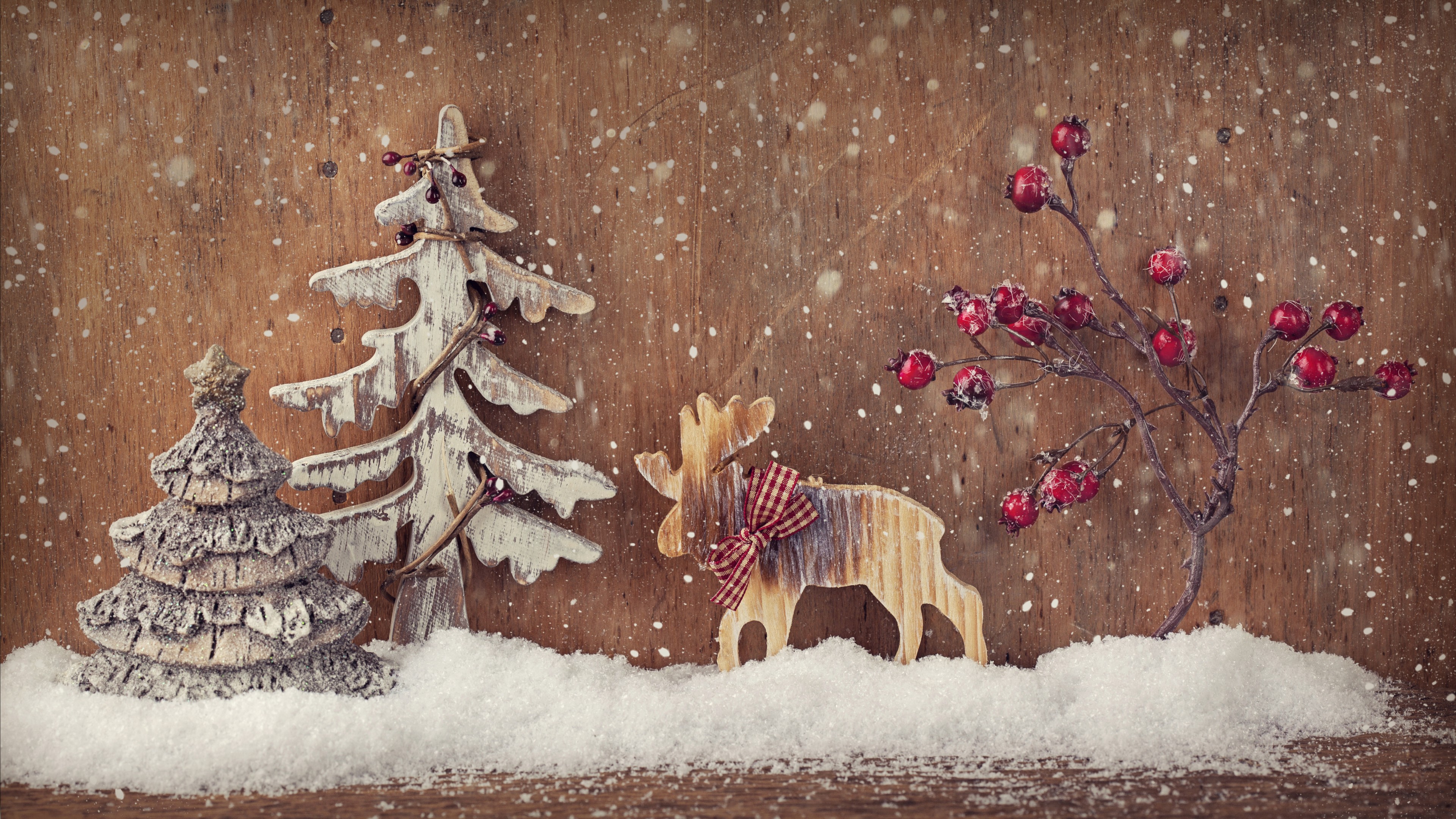 Wallpaper Christmas, New Year, Deer, Fir Tree, Elk, Decorations, Snow, Holidays
