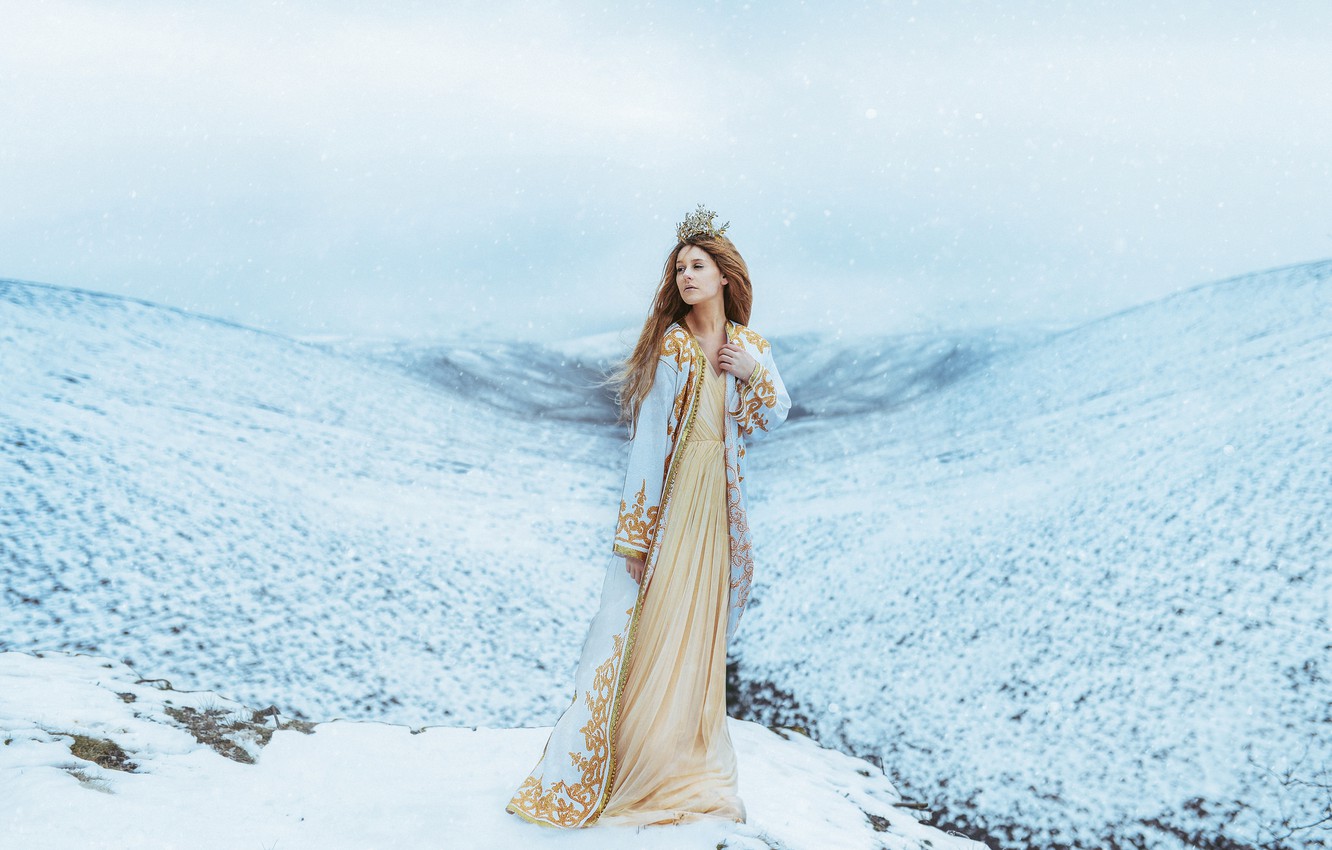 Wallpaper winter, girl, snow, mountains, crown, dress, Princess, snowfall, Queen image for desktop, section ситуации