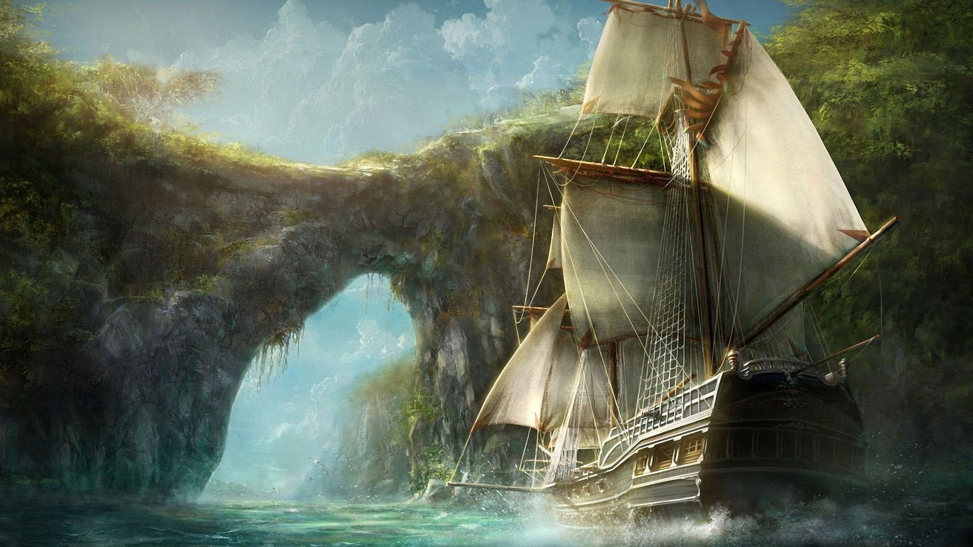 white and brown galleon ship illustration old ship #ship #rocks #water #bay #pirates #Caribbean digital art P #wall. Island picture, Fantasy art, Island art