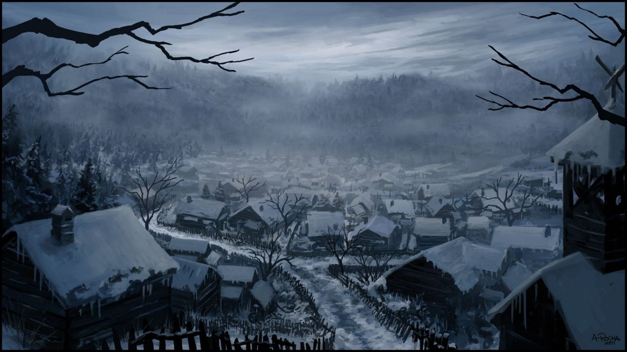 Original fantasy landscape winter snow houses wallpaperx900