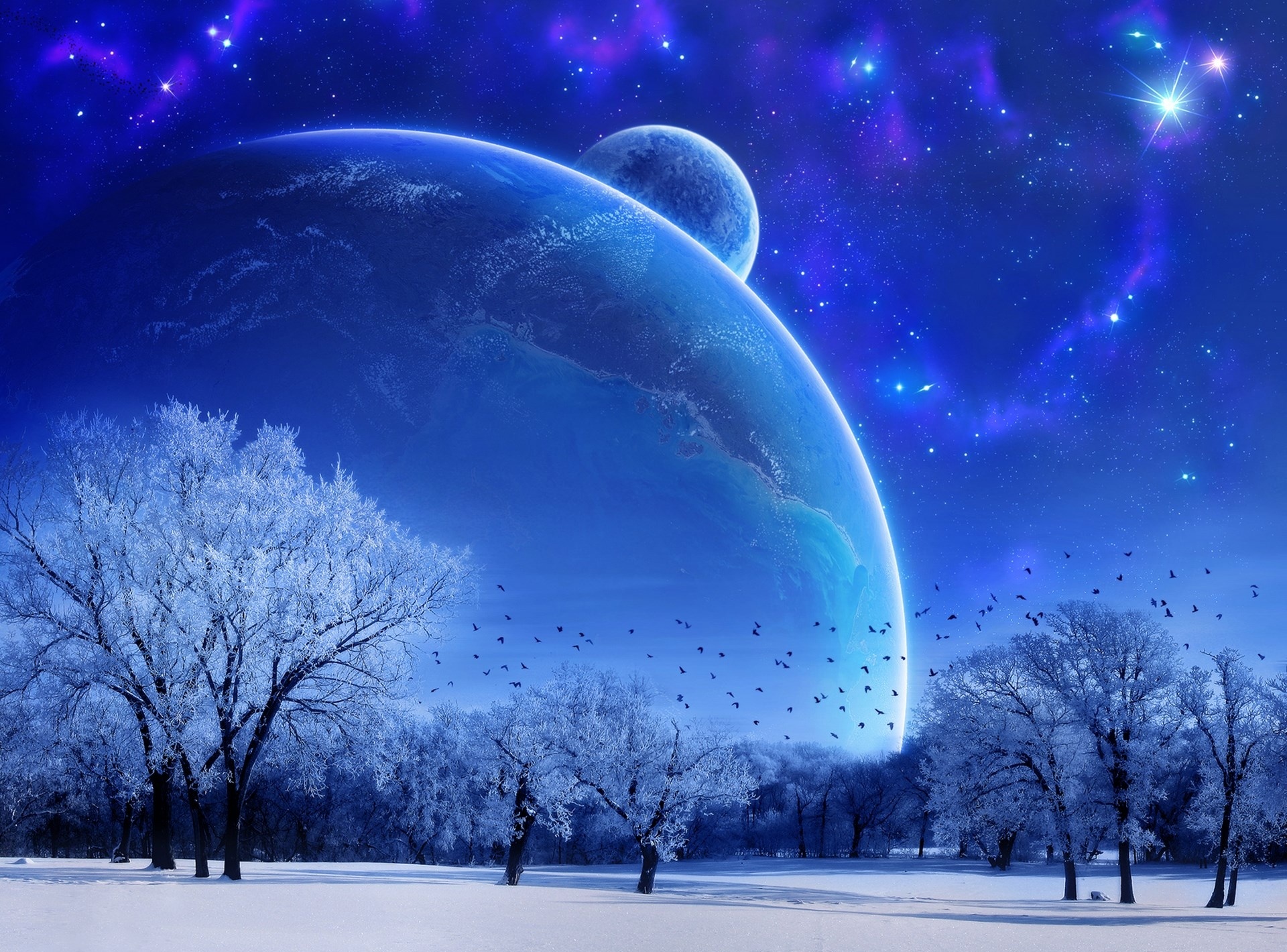 fantasy, Landscape, Moon, Planet, Planets, Winter, Snow, Trees, Sky, Night, Stars, Mood Wallpaper HD / Desktop and Mobile Background