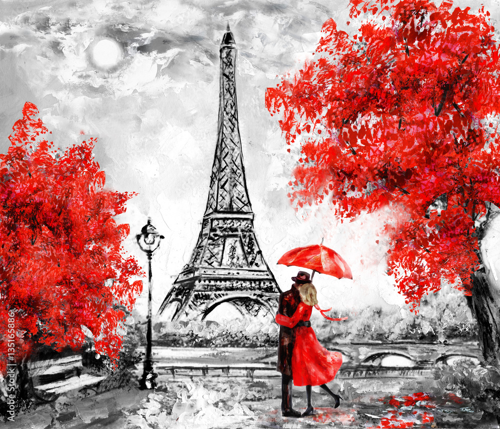 Oil Painting, Paris. european city landscape. France, Wallpaper, eiffel tower. Black, white and red, Modern art. Couple under an umbrella on street Stock Illustration