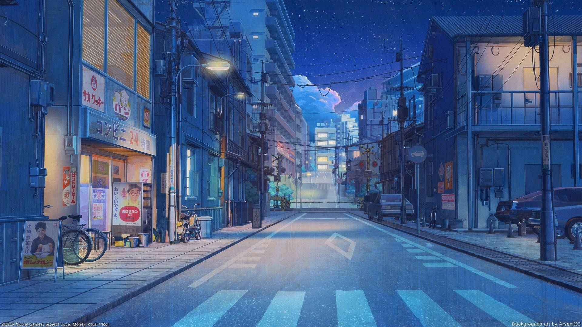 Download Blue Anime Tokyo Street Aesthetic Wallpaper
