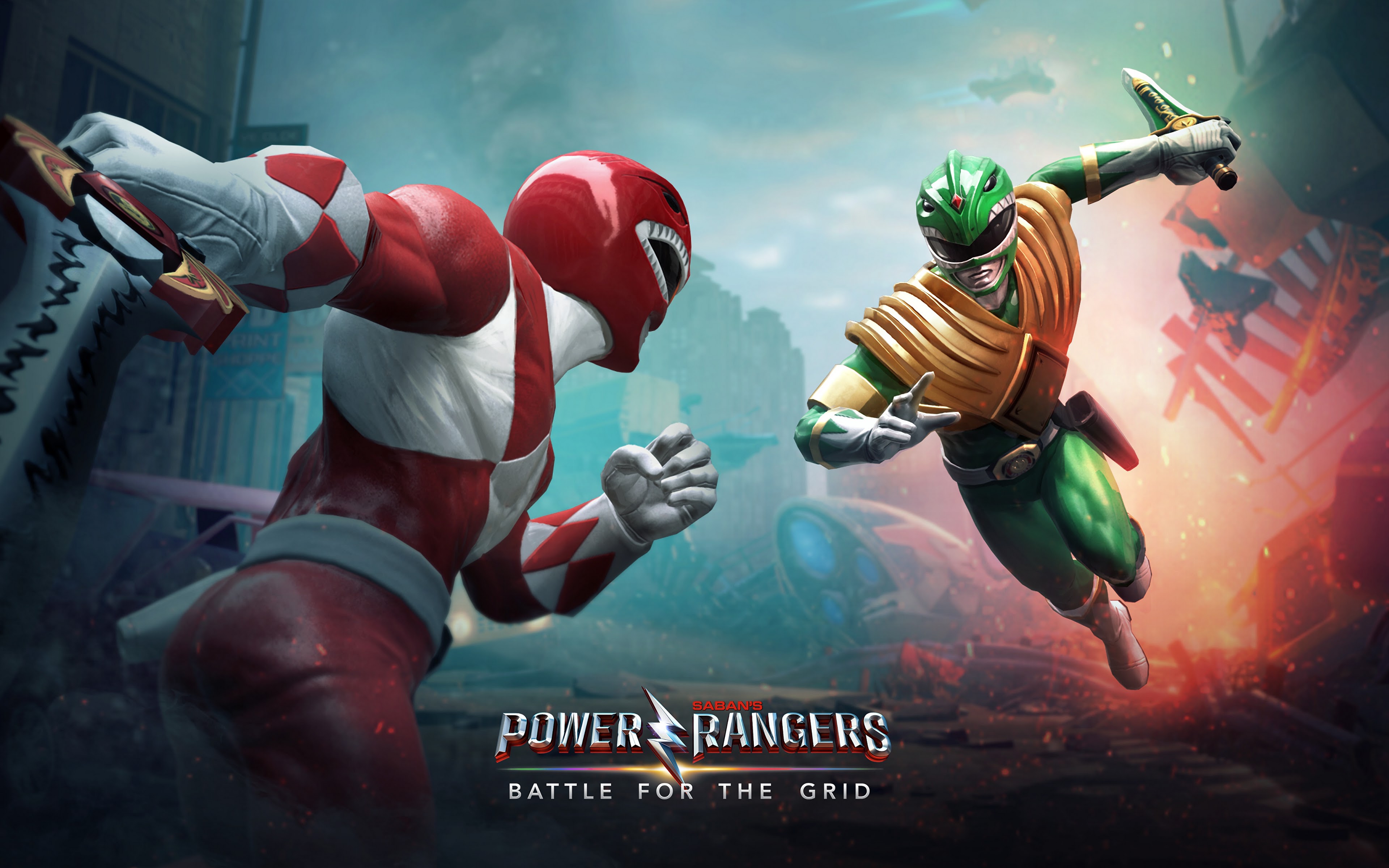 Power Rangers: Battle for the Grid Red Ranger vs. Green Ranger4K Wallpaper