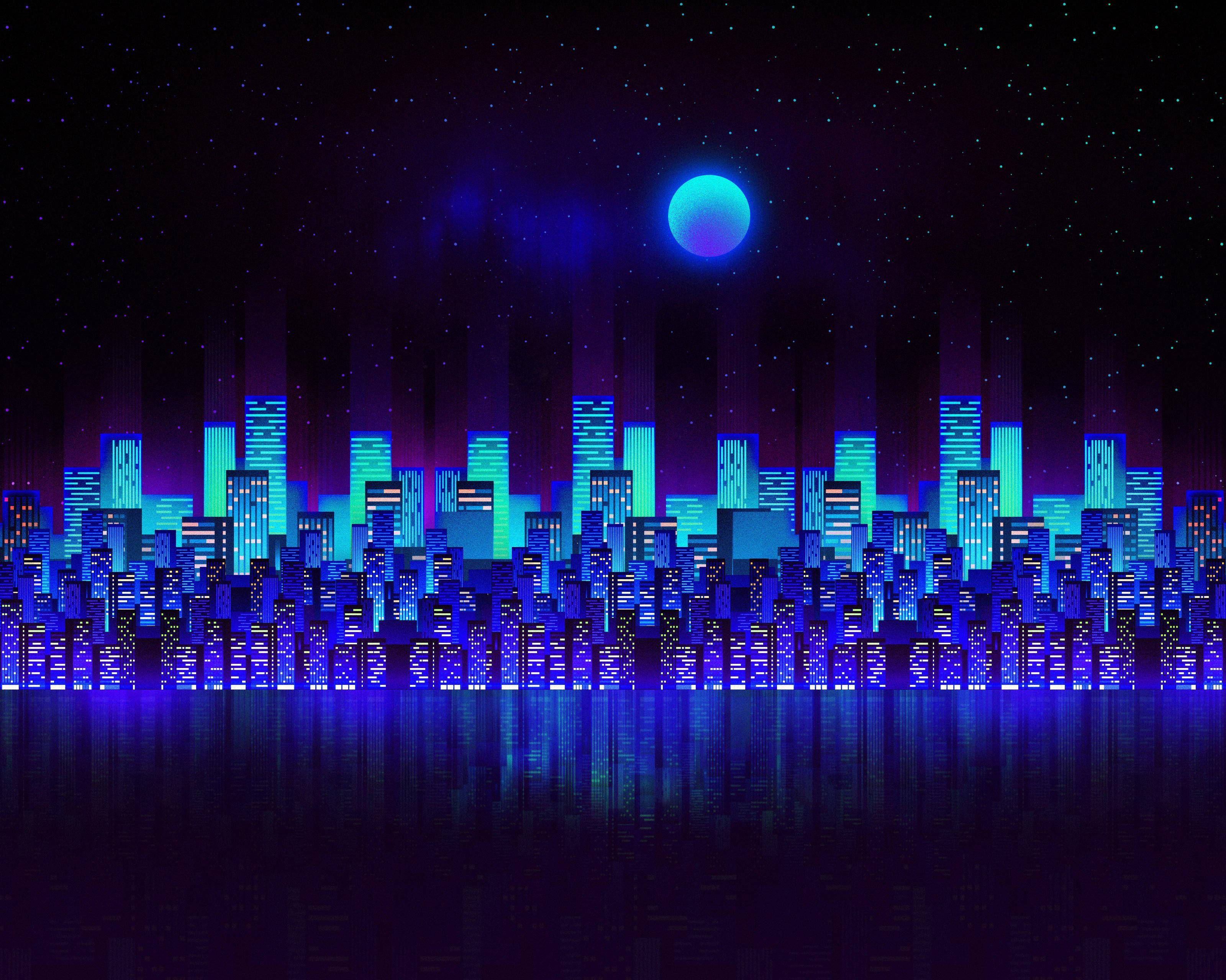 Download Neon City Blue Aesthetic Pc Wallpaper