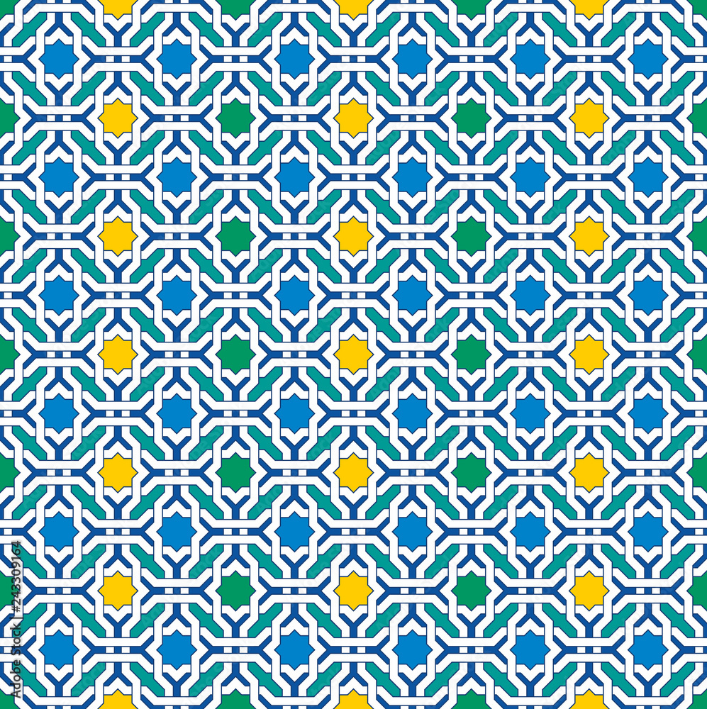 Arabic seamless mosaic pattern geometric texture background. Islamic decorative and design elements for textile, book covers, manufacturing, wallpaper, print, gift wrap. Stock Vector