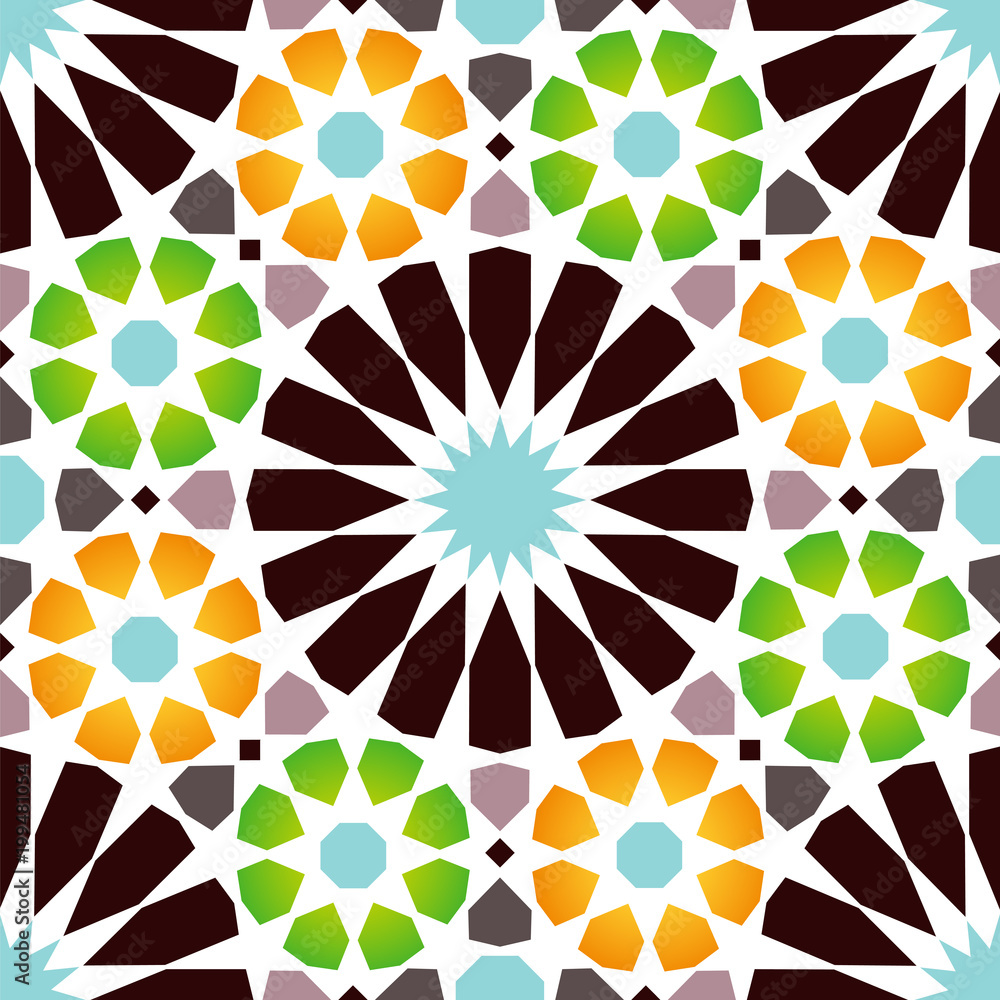 Colorful traditional arabic seamless pattern. Geometric design, perfect for wall decoration, background, wallpaper and wrapping paper design. Vector illustration. Stock Vector