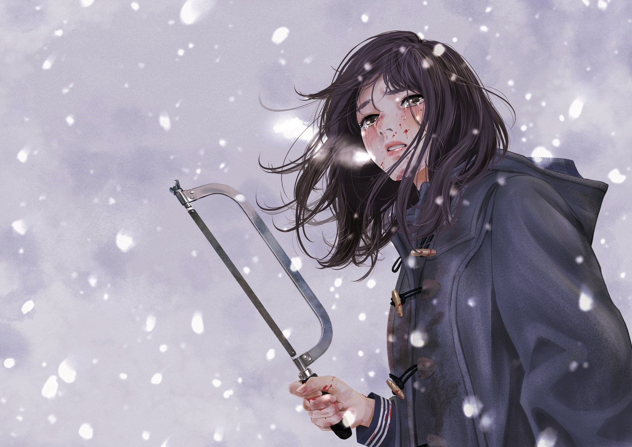 snow, blood, winter, tools, dark eyes, anime, dark hair, Non (artist), crying, anime girls, coats Gallery HD Wallpaper