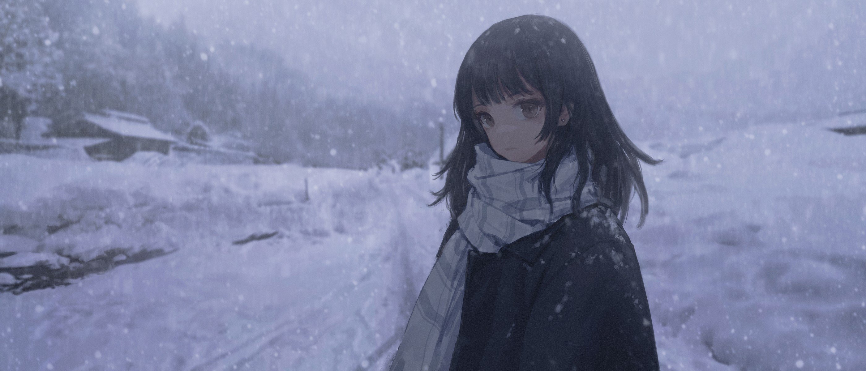 cold, dark hair, women outdoors, standing, long hair, Pixiv, snow, anime, winter, anime girls Gallery HD Wallpaper