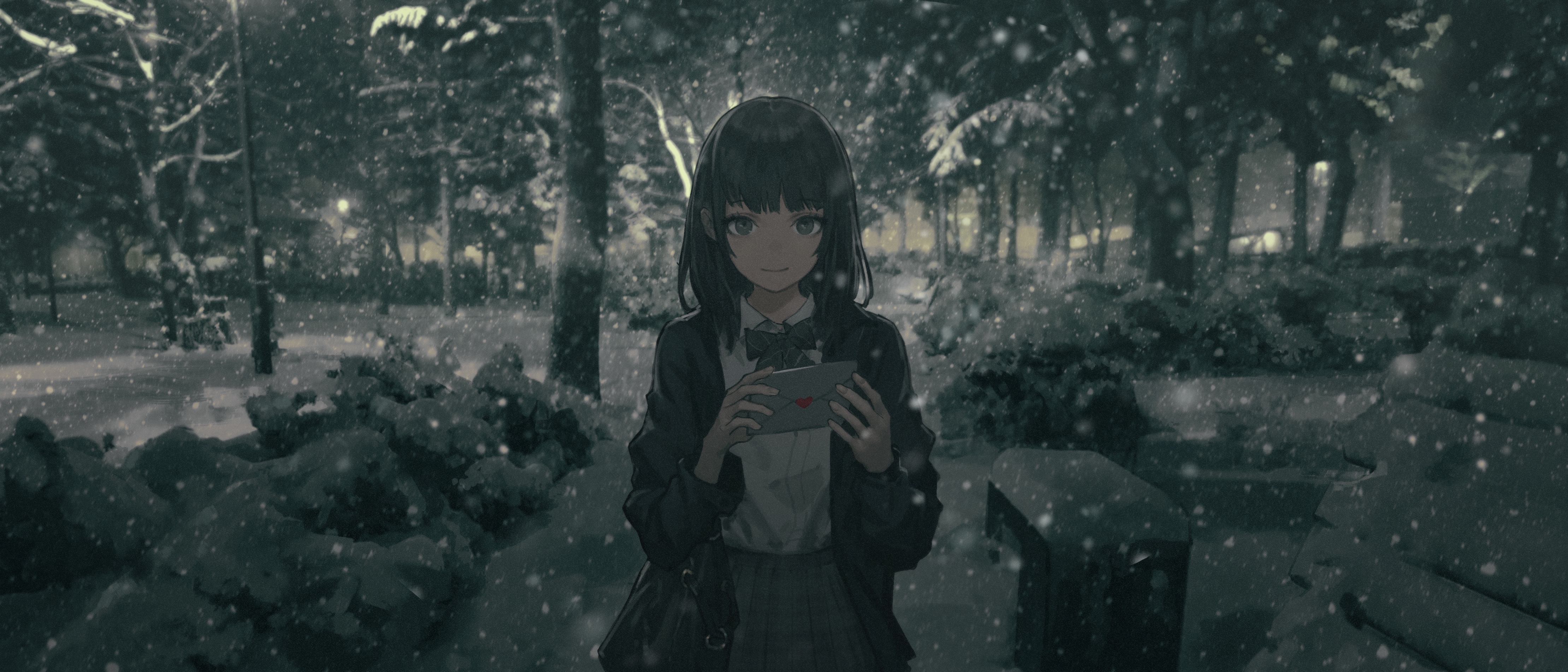 Anime Girls Short Hair Dark Hair Winter Snow Mail Forest Smile Bangs Skirt Night Jacket School Unifo Wallpaper:4438x1902