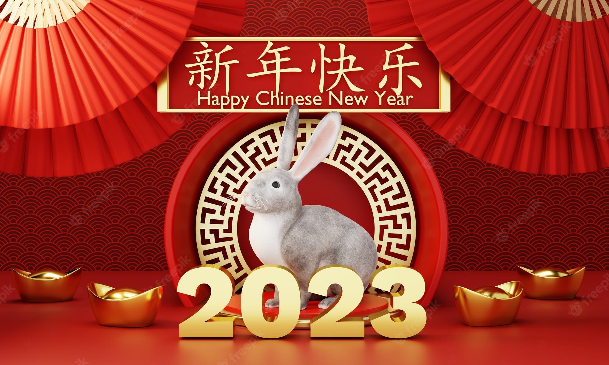 Premium Photo. Chinese new year 2023 year of rabbit or bunny on red chinese pattern with hand fan background