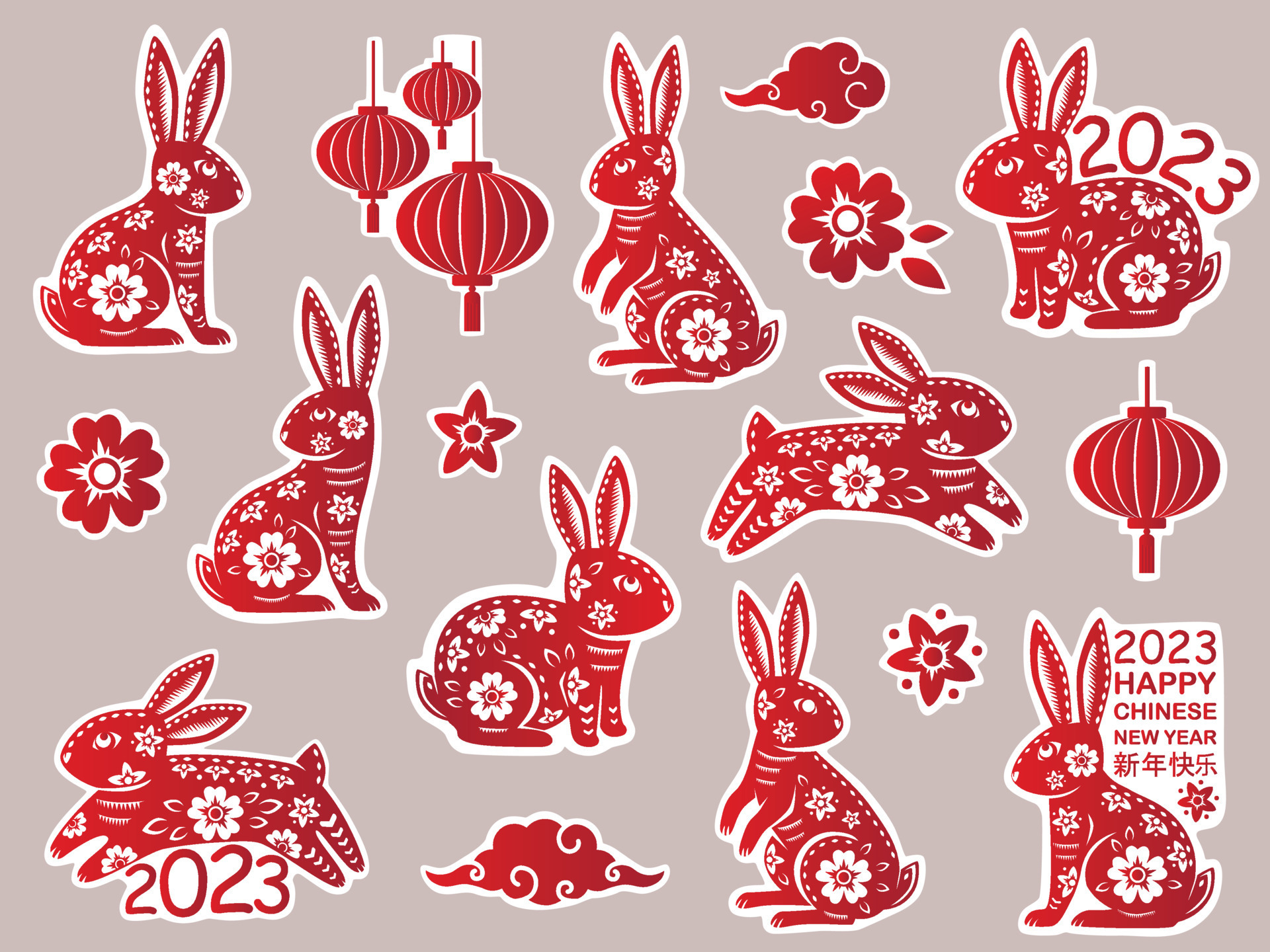 Set of Chinese New Year 2023 of the Rabbit stickers with red paper cut art. The Rabbit zodiac symbol