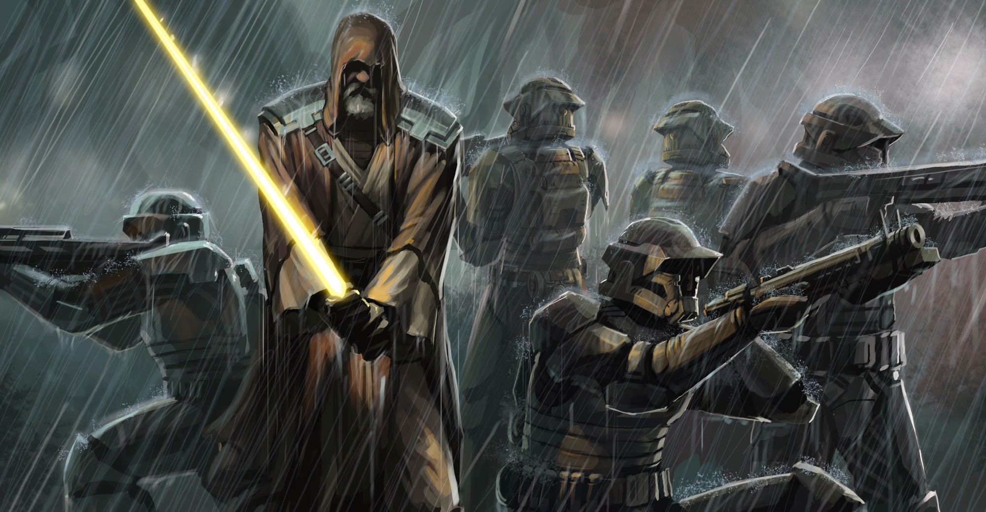 rain, Jedi, artwork, Star Wars, concept art, lightsaber Gallery HD Wallpaper