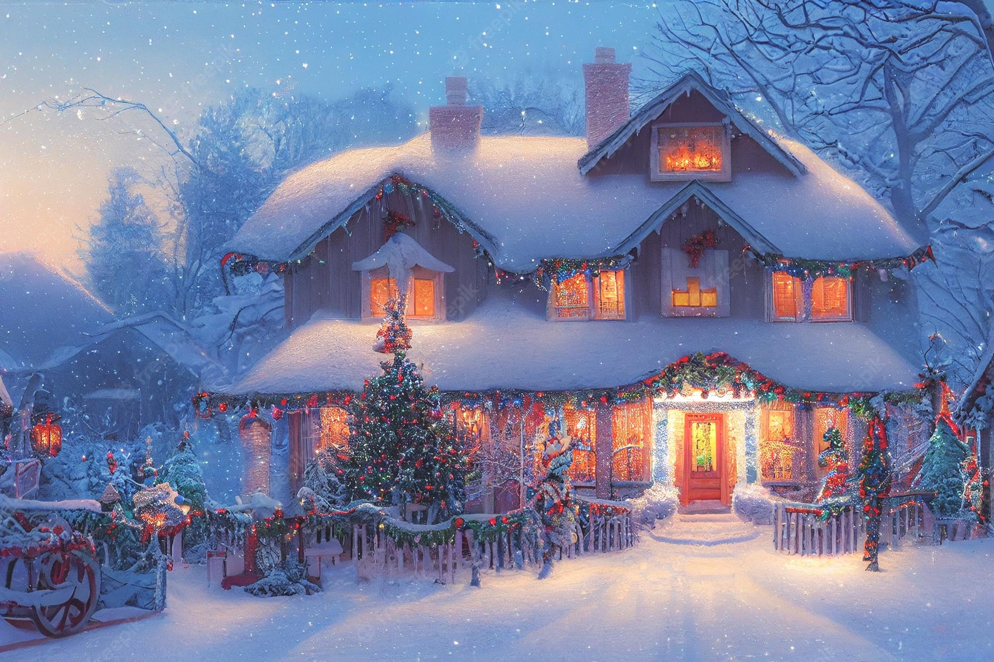 Premium Photod illustration of a christmas tree house with ornaments and colored lights surrounded