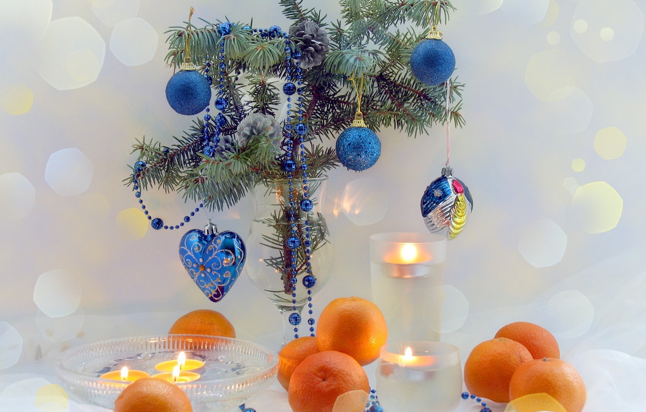 Wallpaper branches, blue, table, holiday, heart, color, tree, new year, fruit, happy new year, Christmas decorations, holiday, candle, tangerines, Christmas balls, citrus image for desktop, section новый год