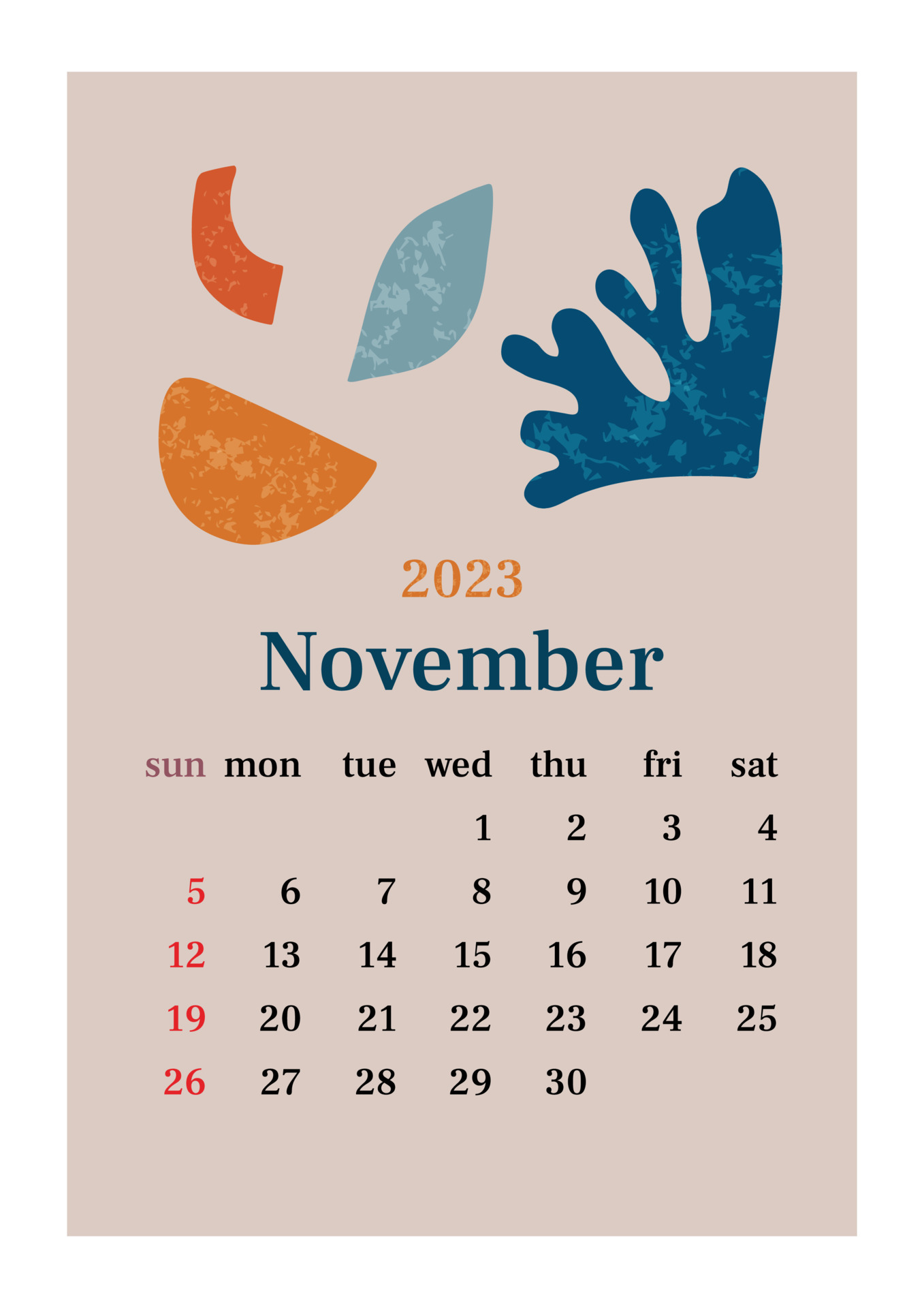 The page with the month November 2023 with abstract organic shapes in muted tones. Vertical poster in aesthetic style in pastel colors. Vector illustration design 12661501 Vector Art at Vecteezy