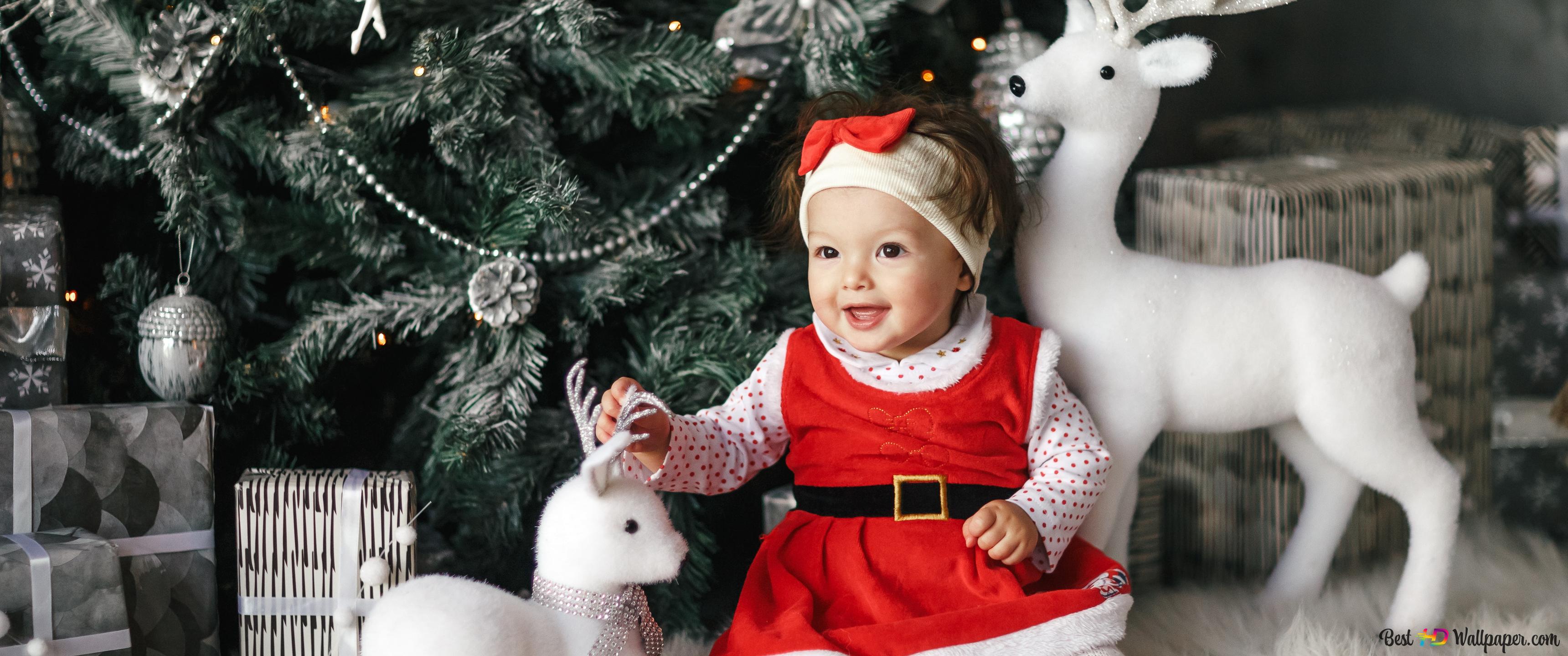 Adorable Santa Baby in red dress with white Christmas theme background 4K wallpaper download