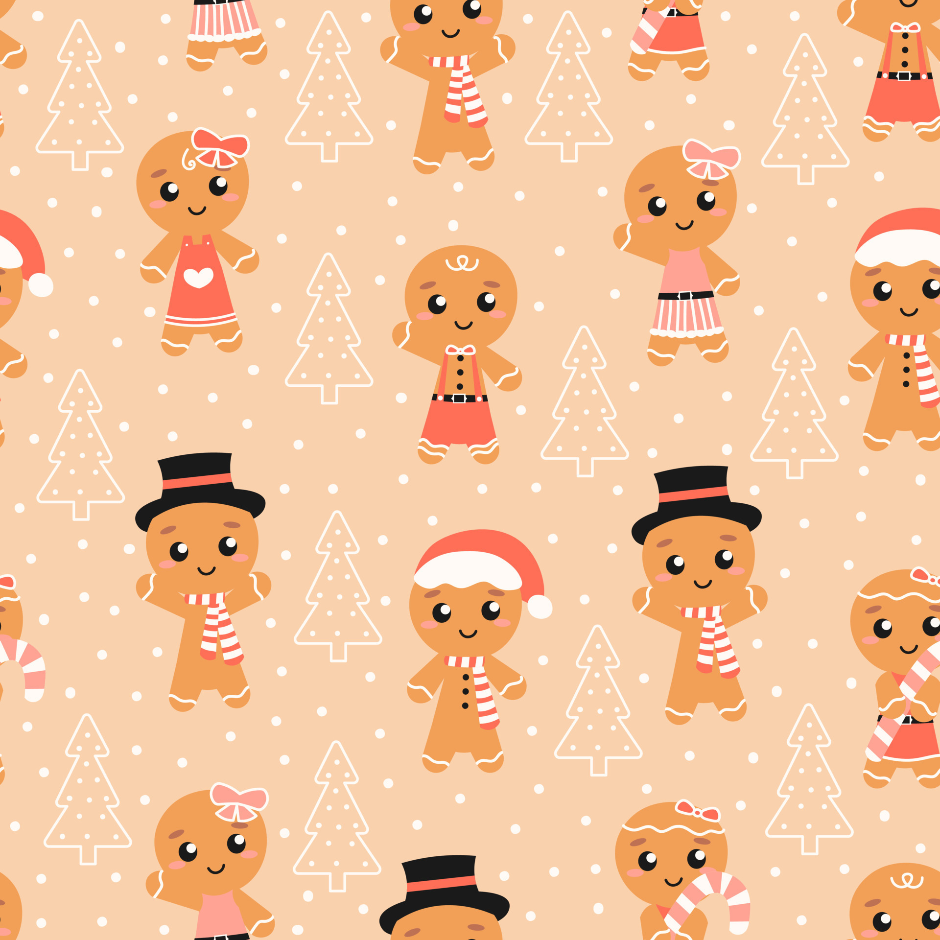 Cute gingerbread cookies with Christmas eve seamless pattern on light background for textile, print or wrapping paper, winter holidays ornament