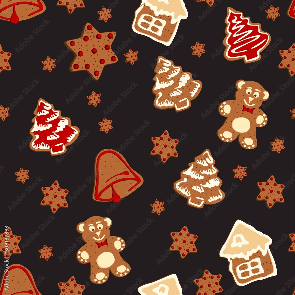 Christmas gingerbread seamless pattern. Ginger cookies on black background. Cute Xmas background for wallpaper, gift paper, pattern fills, textile, greetings cards. Stock Illustration
