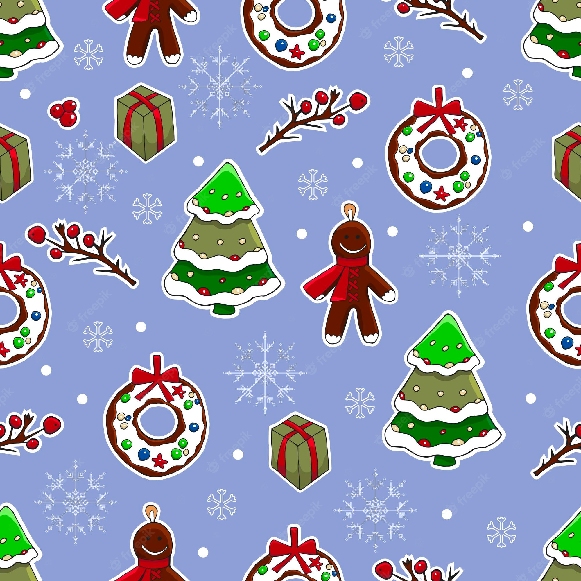 Premium Vector. Cute christmas and new year hand drawn background vector seamless pattern for wrapping wallpaper scrabooking holly christmas tree gingerbread man santa candies lollipops wreaths