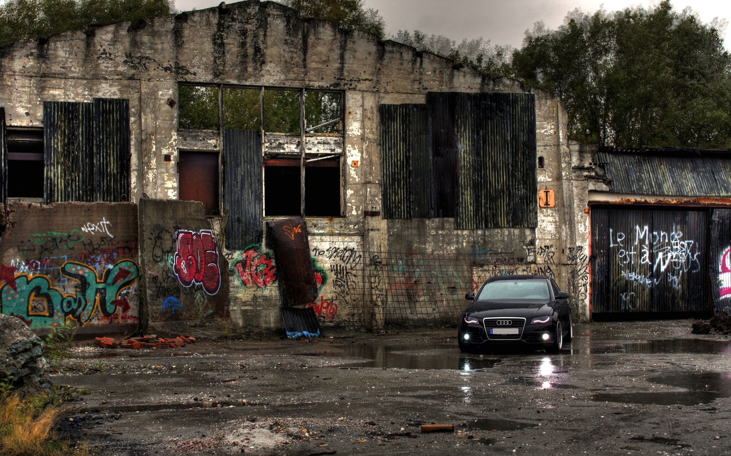 Black Audi A4 Sedan Wallpaper, Building, Garage, Drawing, Car, Transportation