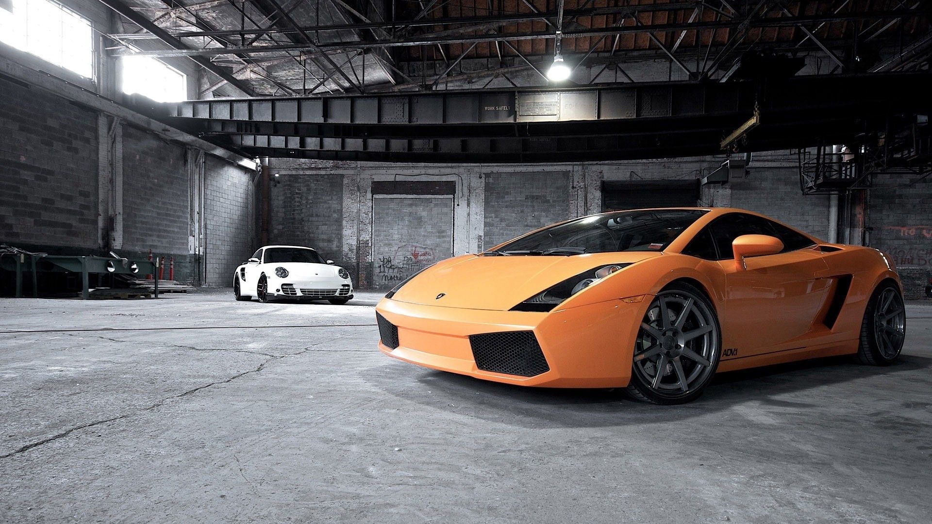 Download wallpaper 1920x1080 cars, style, lamborghini, orange, garage HD background