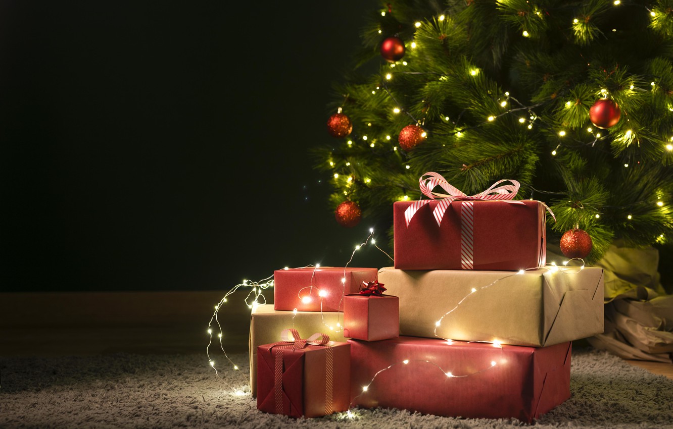 Wallpaper decoration, lights, tree, Christmas, gifts, New year, christmas, wood, vintage, decoration, gift box image for desktop, section новый год
